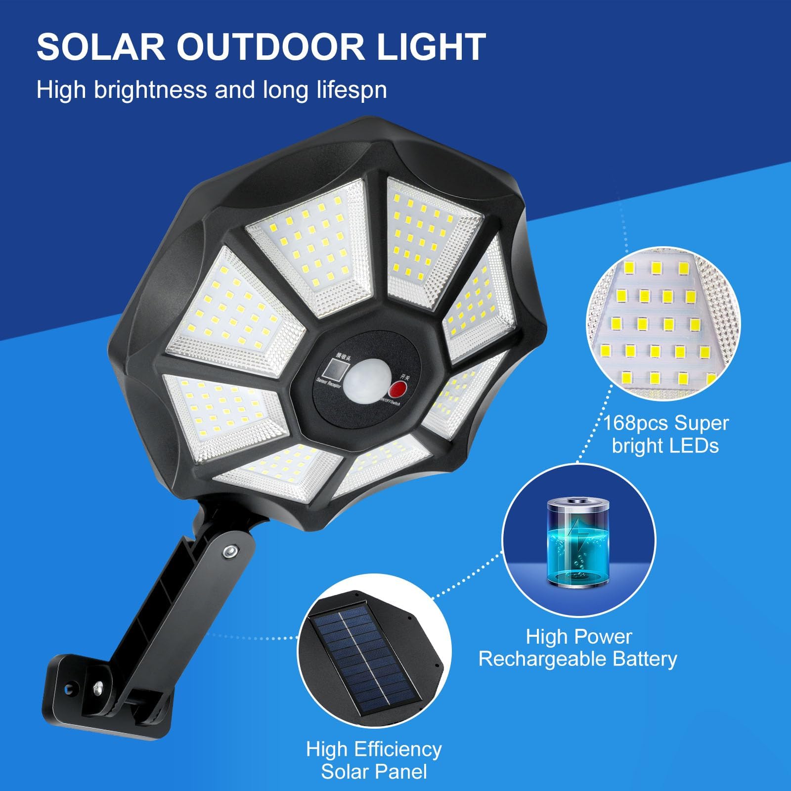 AITERMOND Solar Outdoor Lights 2-Pack, Motion Sensor, 168 LED, Dusk to Dawn, IP66 Waterproof, Remote Control, Black, Model AIT8A2P