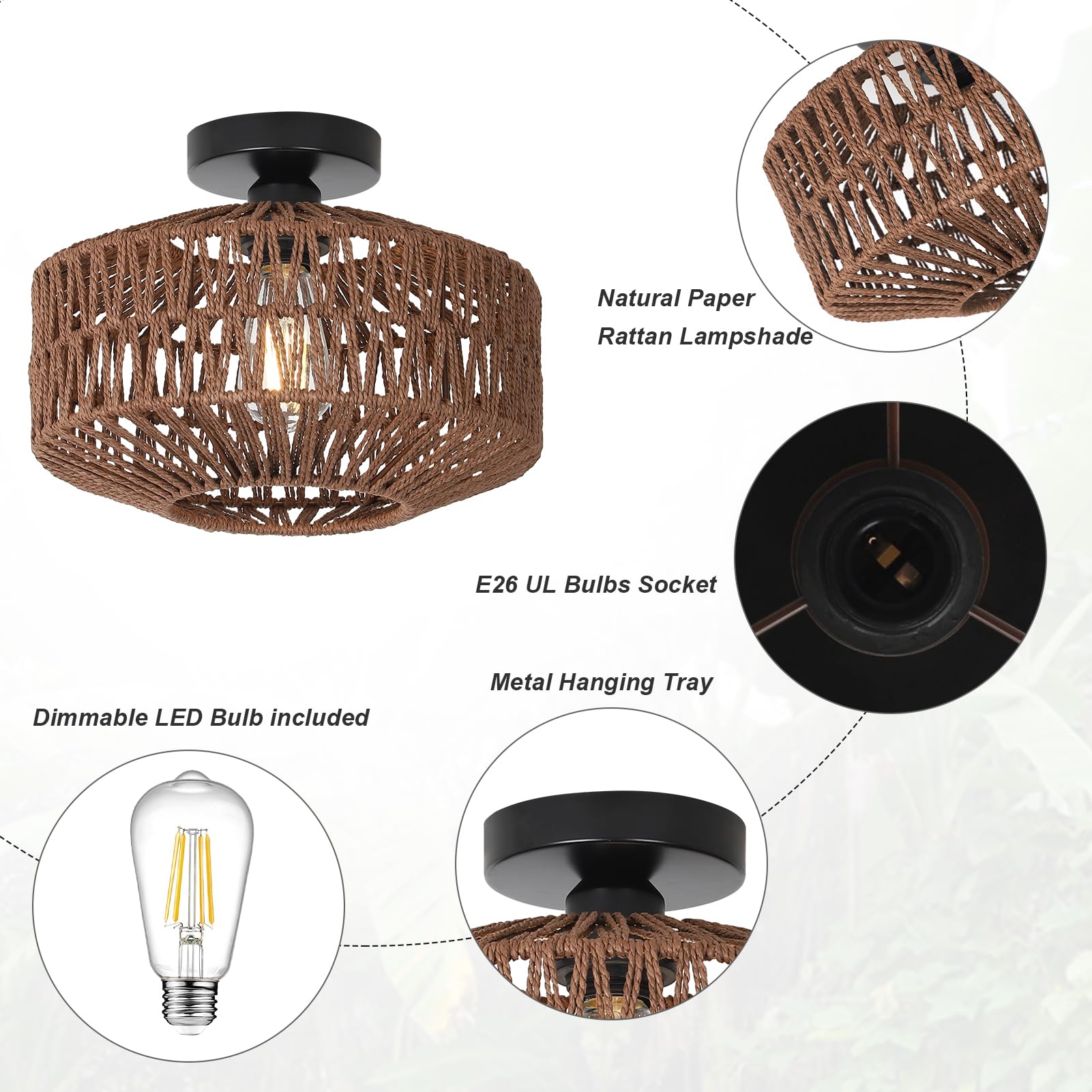 Jobtical Boho Rattan Light Fixtures Ceiling Mount,Ceiling Light Fixtures With Dimmable Led Bulb,Hand Woven Rattan Chandelier Lig