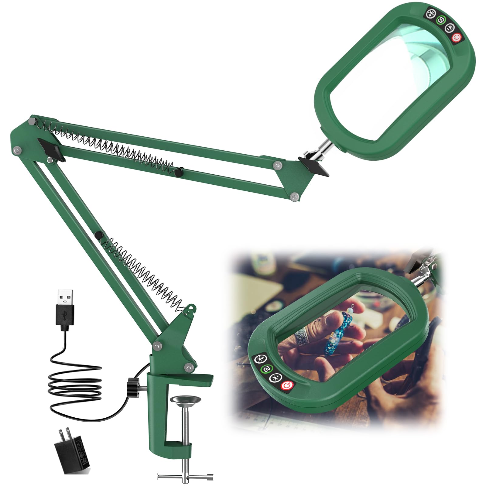 IVMAIE 10X Magnifying Glass with Light, Stepless Dimmable, Clamp Desk Lamp, Metal, Green, Model JZ602