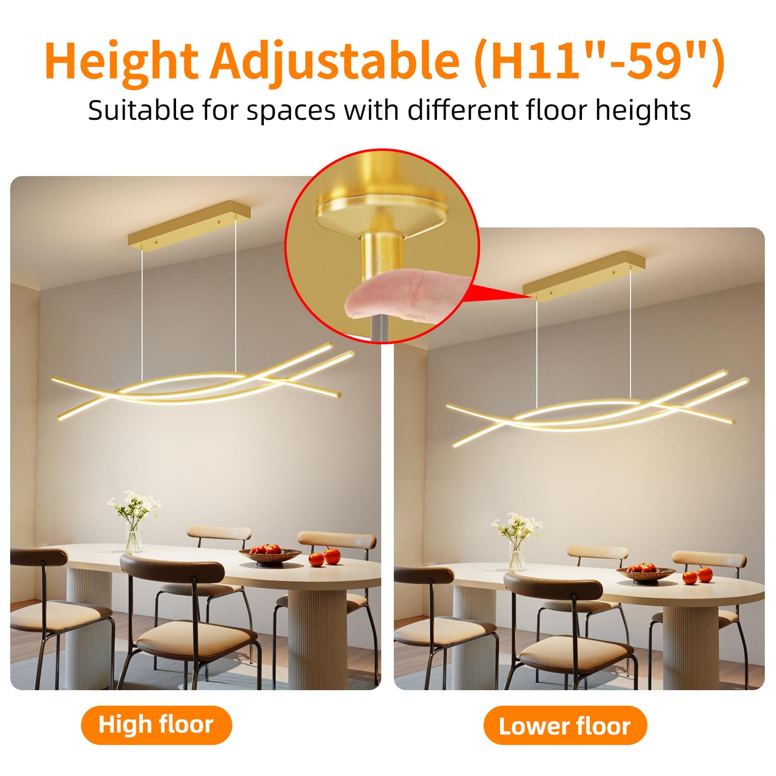 Mikeru Modern Ceiling Chandelier Light, 47in Gold Aluminum Pendant with Remote, Adjustable Color Temperature, Model NXF-YG