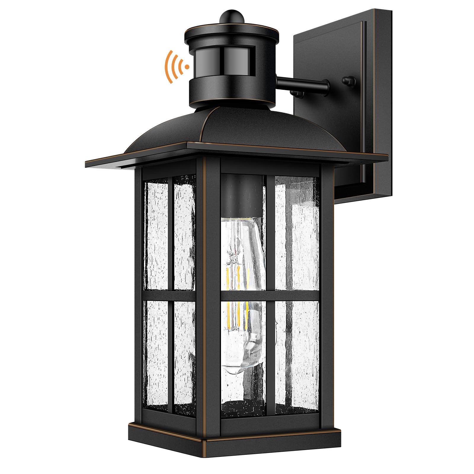 VerRon Motion Sensor Outdoor Light - Waterproof Aluminum Wall Sconce, Black, Model A0728, 1 Pack, Dusk to Dawn, Seeded Glass