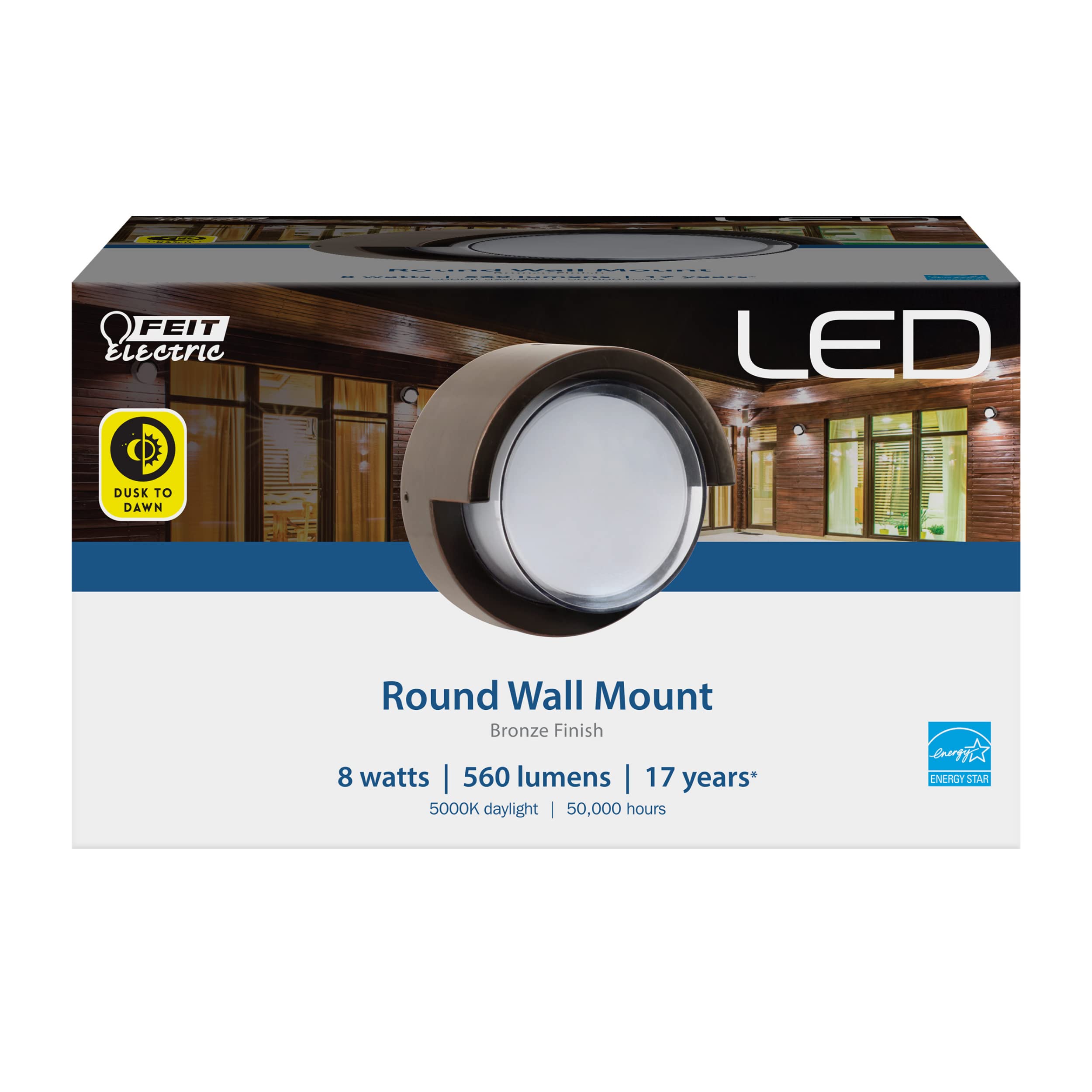 Feit Electric Dusk to Dawn Outdoor Wall Sconce, 8W, Integrated LEDs, Round, Bronze, Model S5RWM/850/DD/BZ