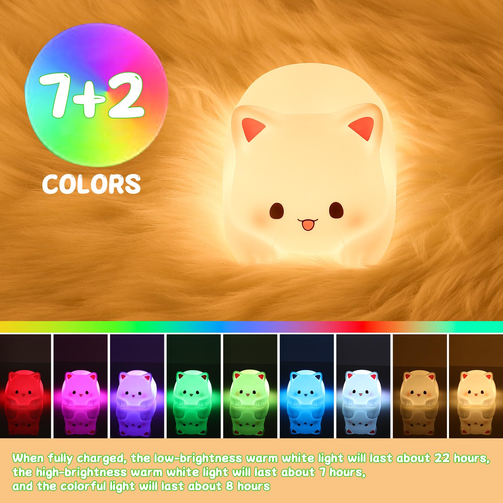 LOVERUIS Cute Cat Night Light for Kids, Dimmable Nursery Lamp, 4 inches, Multicolor, Model ZHLJ1