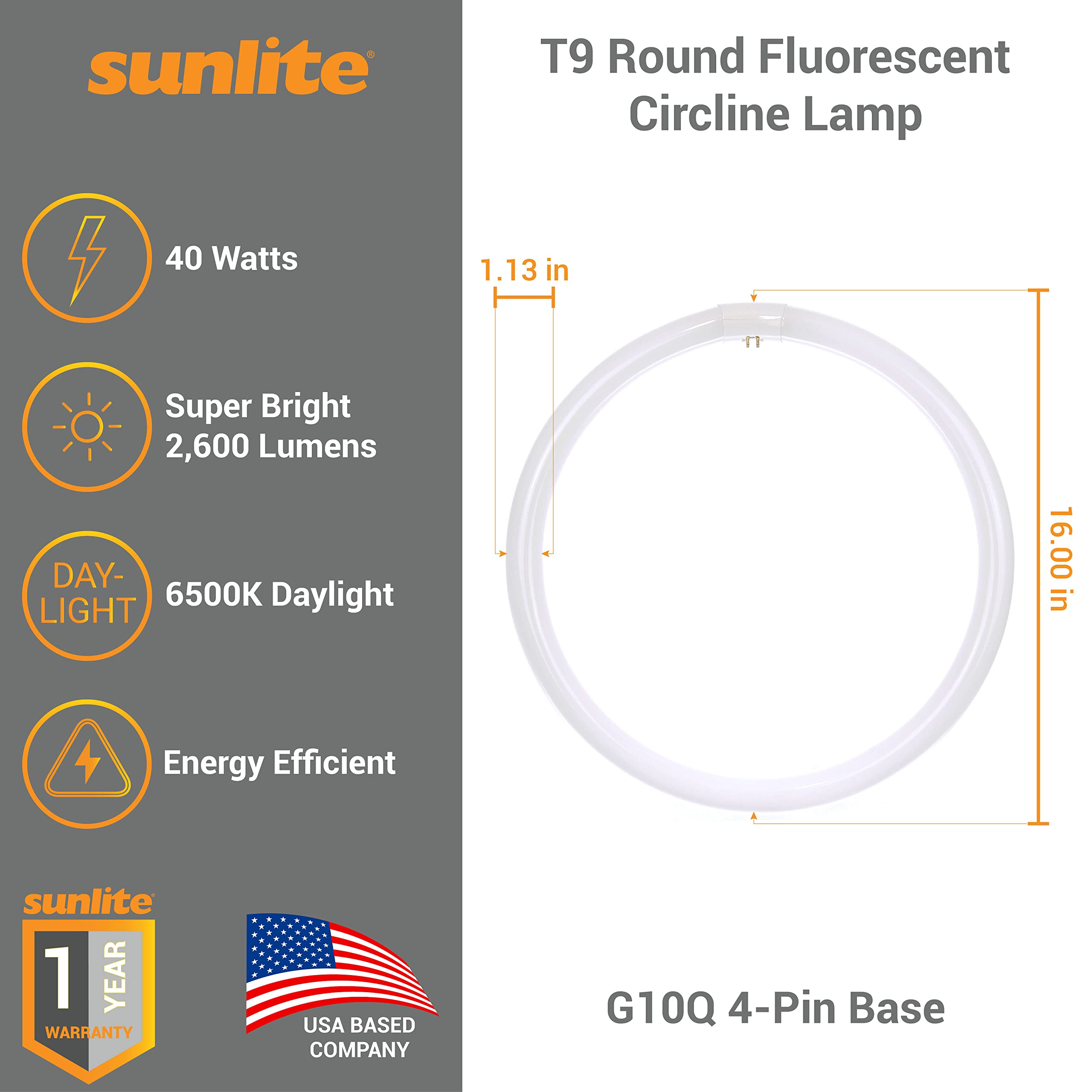 Sunlite 41525 FC16T9/DL T9 Round Fluorescent Circline Lamp, 40 Watts, 2600 Lumens, 6500K Daylight, RoHS Compliant, G10Q 4-Pin Ba