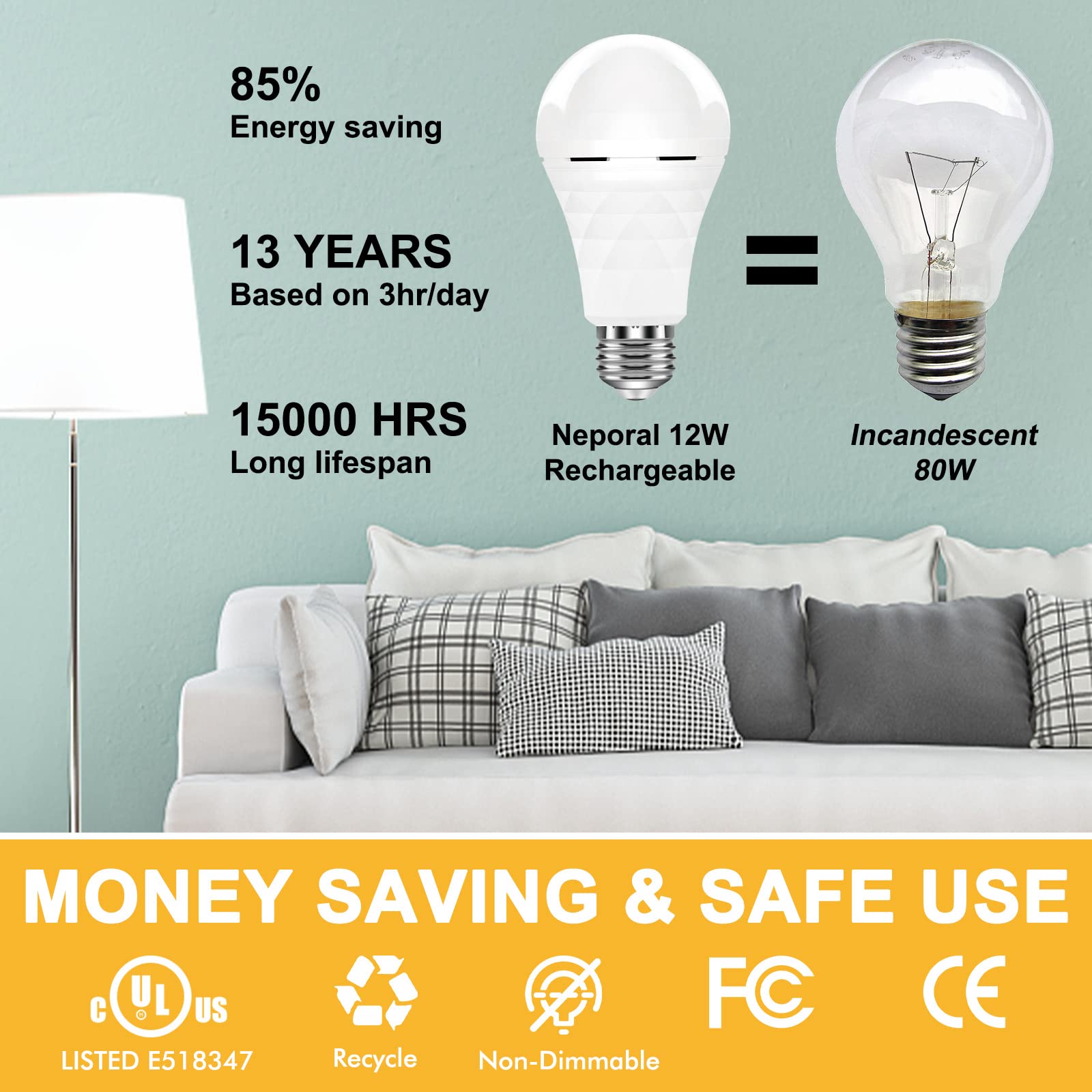Neporal A19 Emergency Rechargeable Light Bulbs - 6 Pack, 12W LED, 5000K Daylight, E26, Battery Operated, White, Model QP15