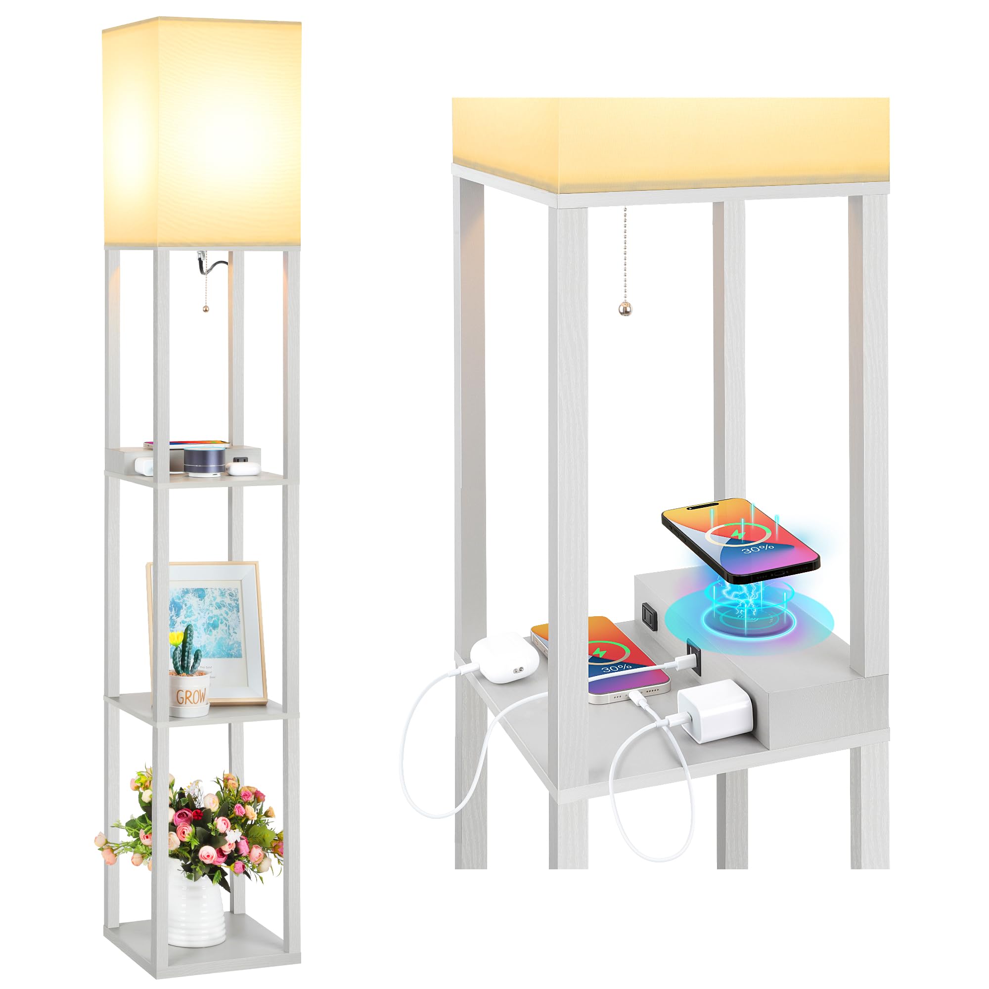 Mlambert Modern Shelf Floor Lamp with Wireless Charger, USB Ports & Power Outlets, 3-Tier Storage, Gray, Model A-092