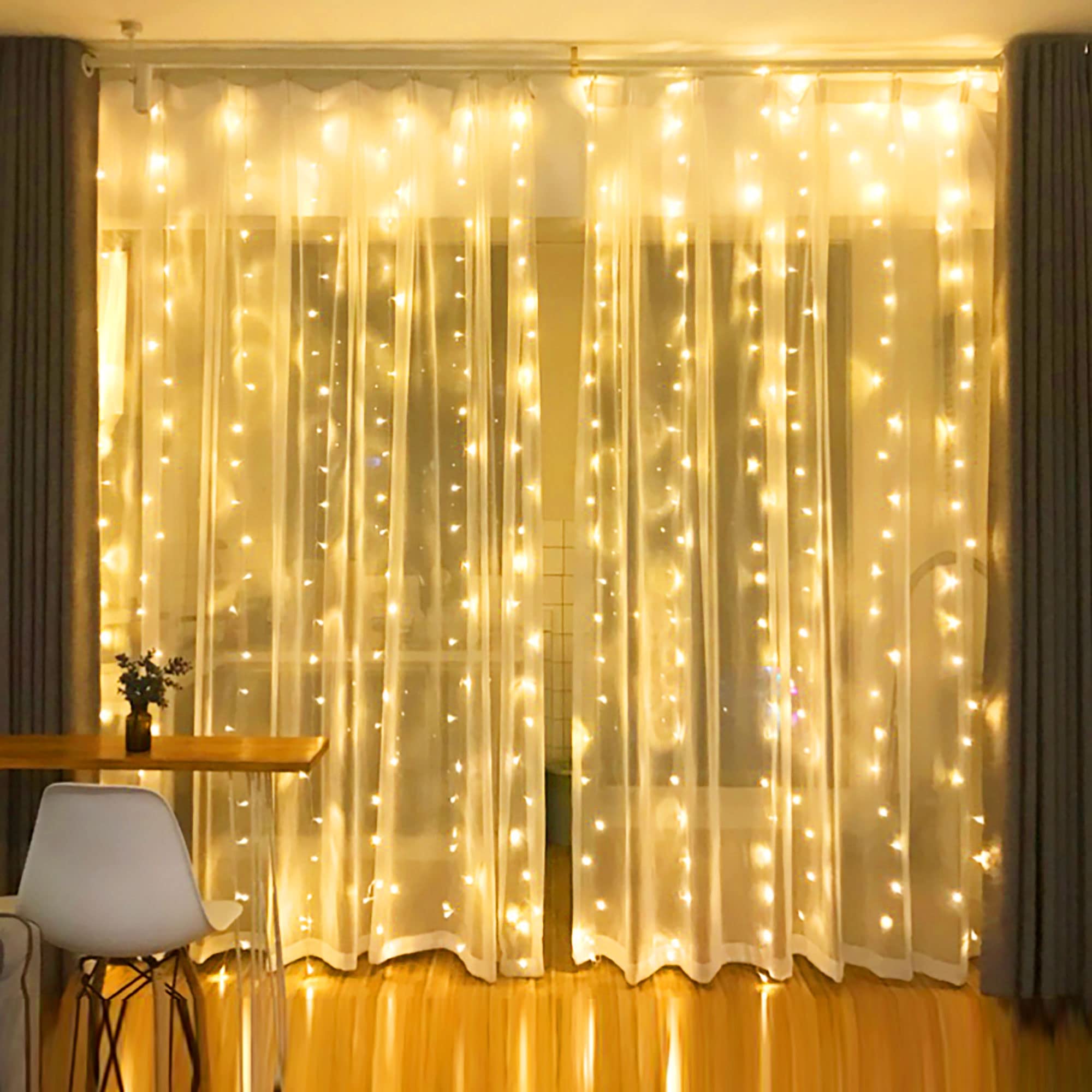 Dazzle Bright 300 LED Curtain String Lights, 9.8ft x 9.8ft, Warm White, Waterproof, 8 Lighting Modes for Home, Party, Wedding Decor