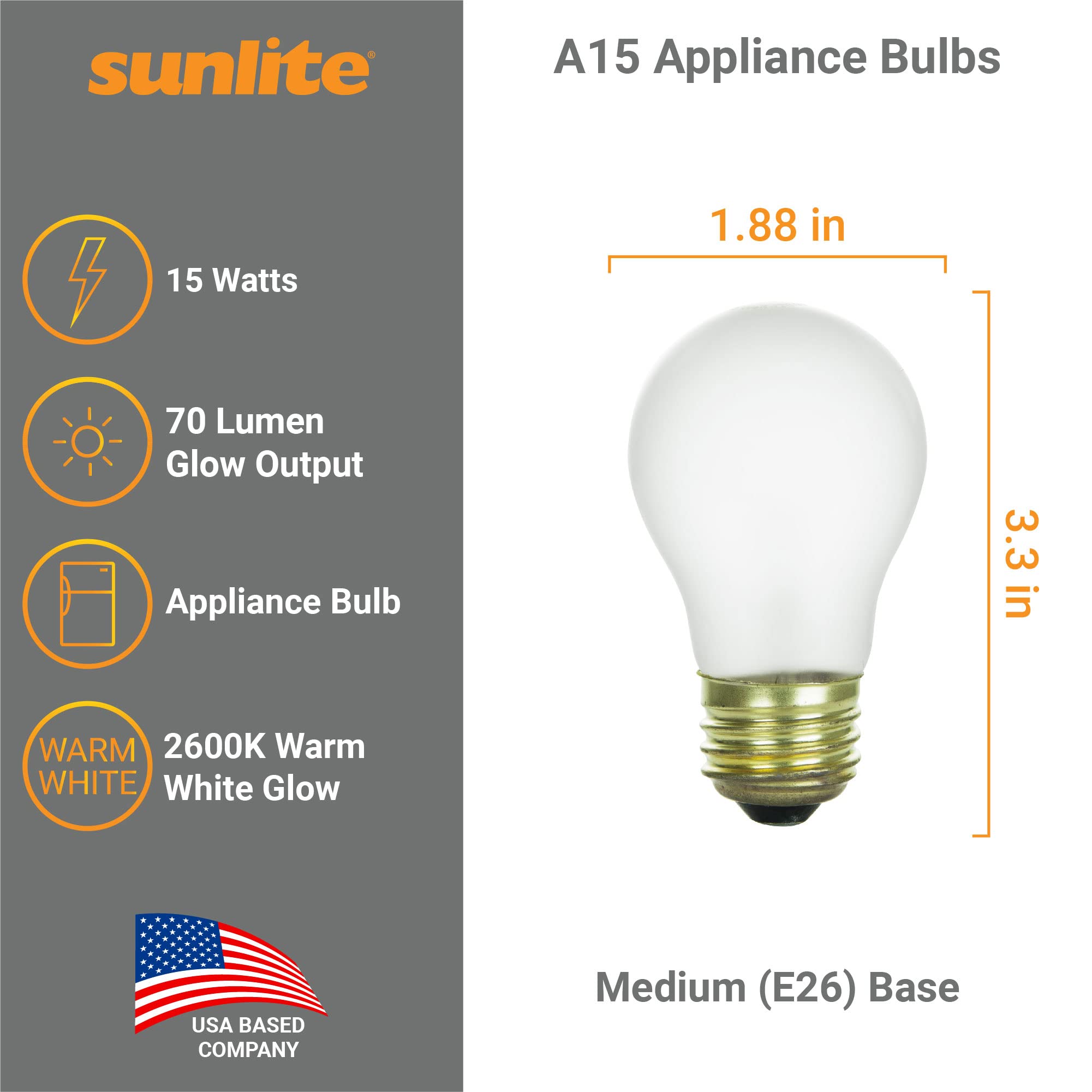 Sunlite 41622 Incandescent Appliance A15 Light Bulb, 15 Watts, 70 Lumens, Medium Base (E26), Dimmable, Mercury Free, 2600K Warm