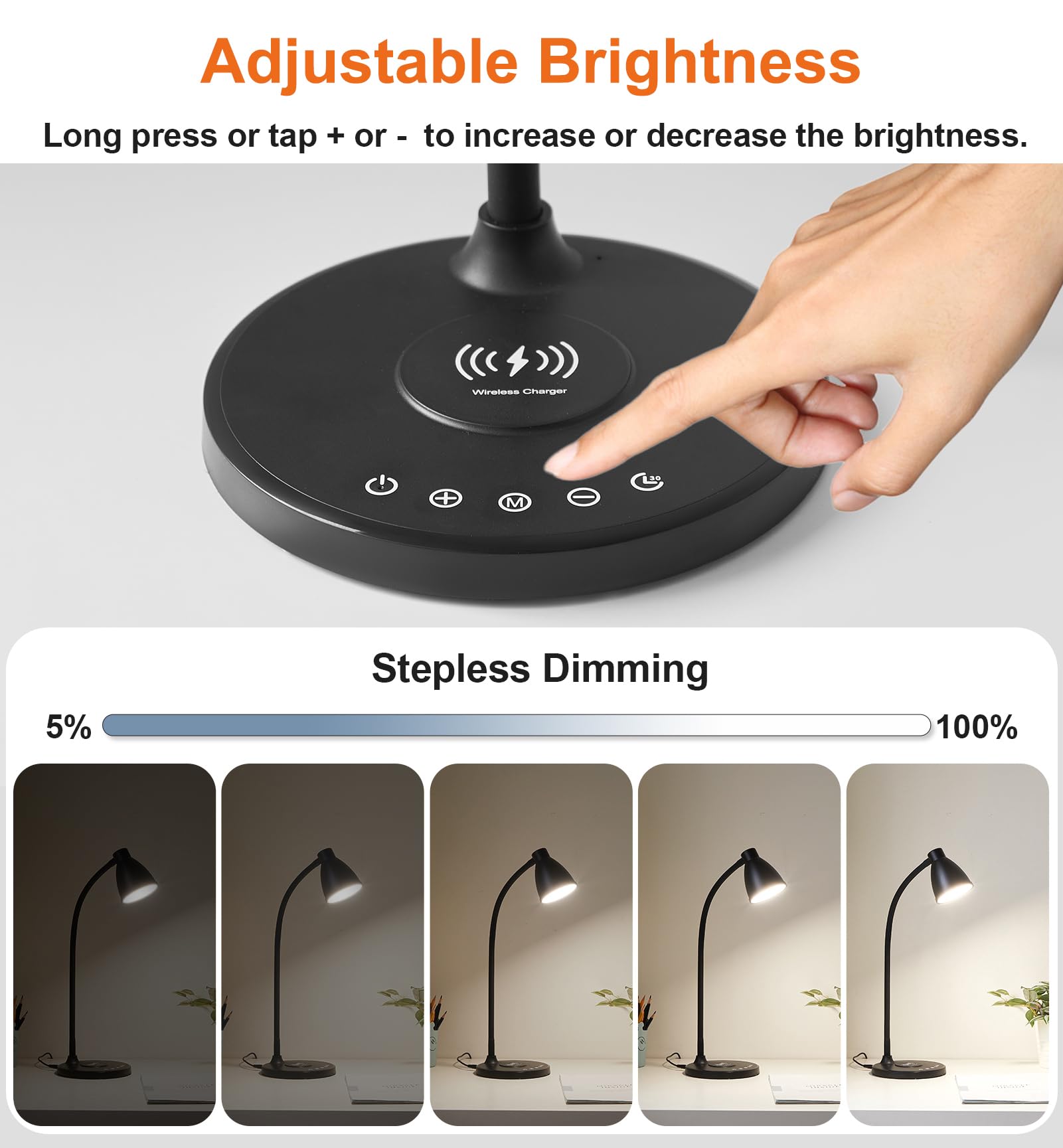 BOHON LED Desk Lamp with USB C+A Ports, Wireless Charger, Touch Control, Black