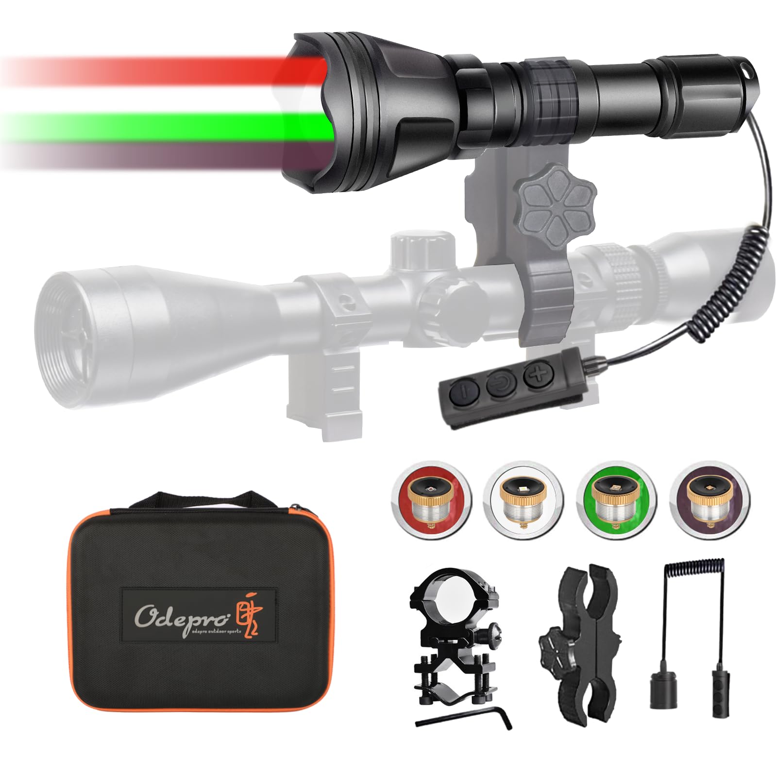 Odepro KL52 MAX Upgraded Hunting Flashlight Super Bright Long Range Zoomable Predator Light with Red Green White IR850 LEDs Step