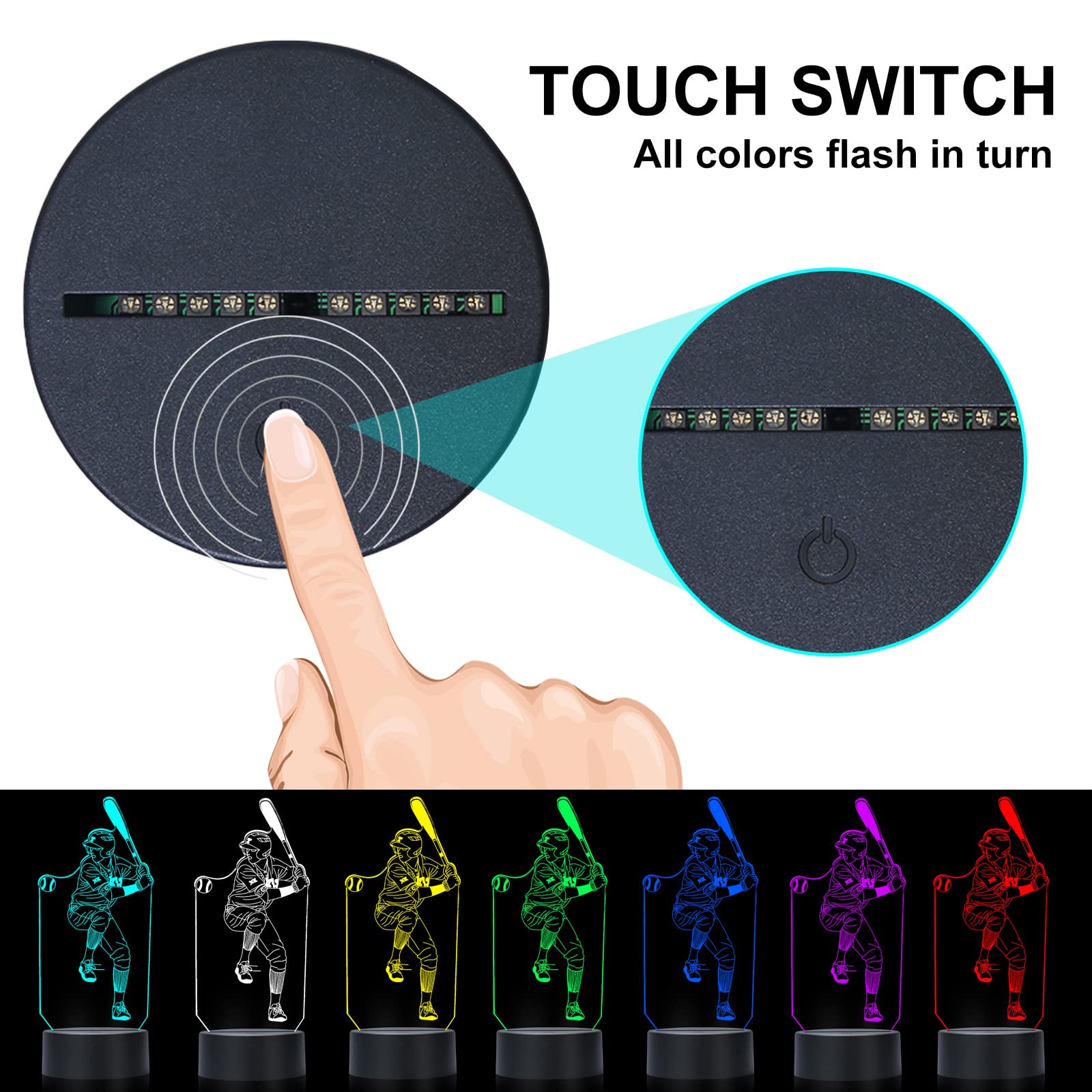 Shanjianke Baseball Player 3D Night Light Touch Control - 7 Colors Auto Gradient Night Light, Acrylic And Abs Base Optical Illus