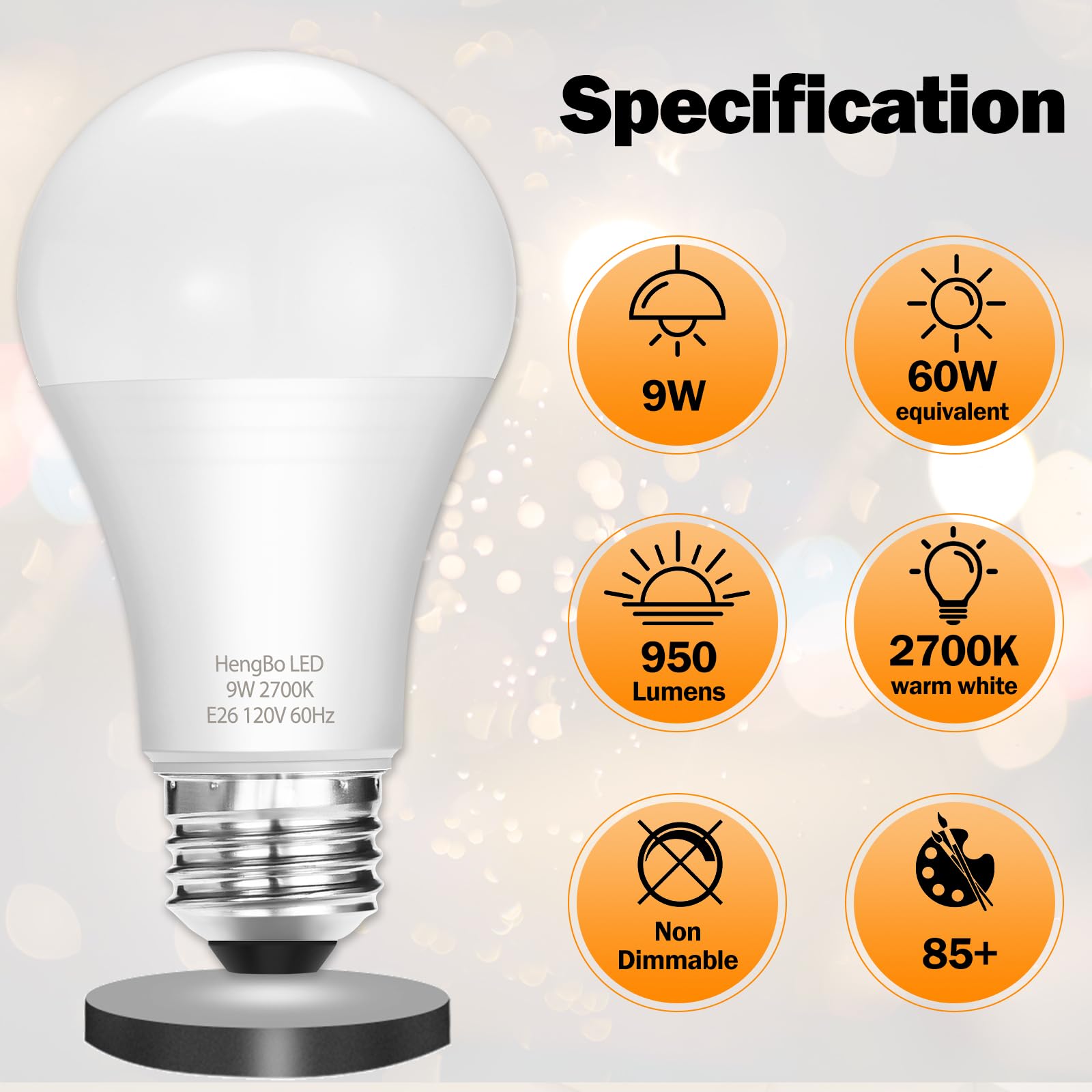 Hengbo 60W Led Light Bulb, 2700K Warm White, 950 Lumens, E26 Base, Pack
