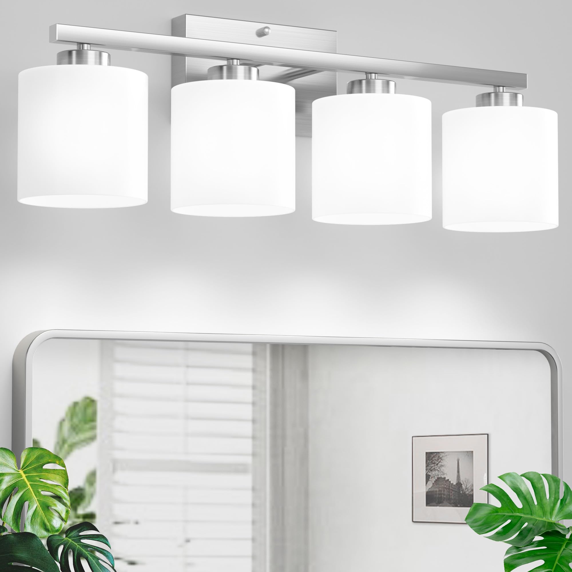 Honesorn 4-Light Bathroom Vanity Light Fixtures Brushed Nickel Modern Design with Frosted Shade E26 Base Model TK-JQD-MS-YS-4