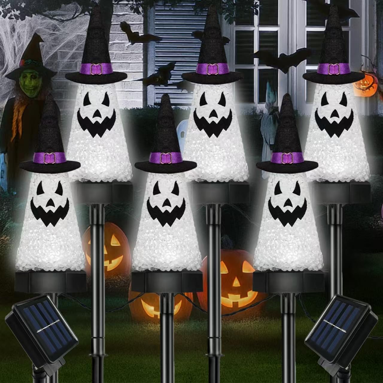 BHCLIGHT Solar Halloween Ghost Lights, 6 Pack, Waterproof, Cool White, Garden Stake for Pathway Decor, Model YY-Solar-Ghost-2PK6L-CW