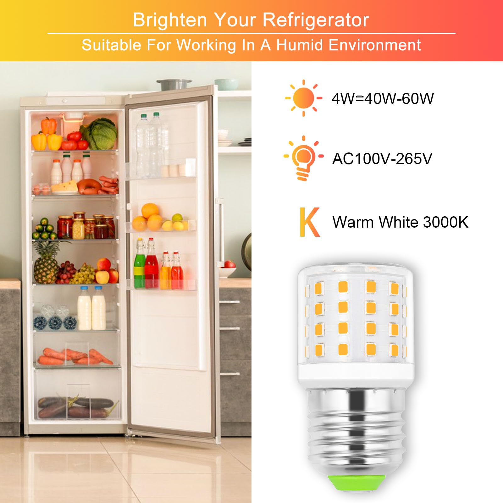 ZHENMING LED Refrigerator Bulb 4W E26 Medium Base Warm White 3000K A15, Polycarbonate, 1.25''D x 2.4''H,