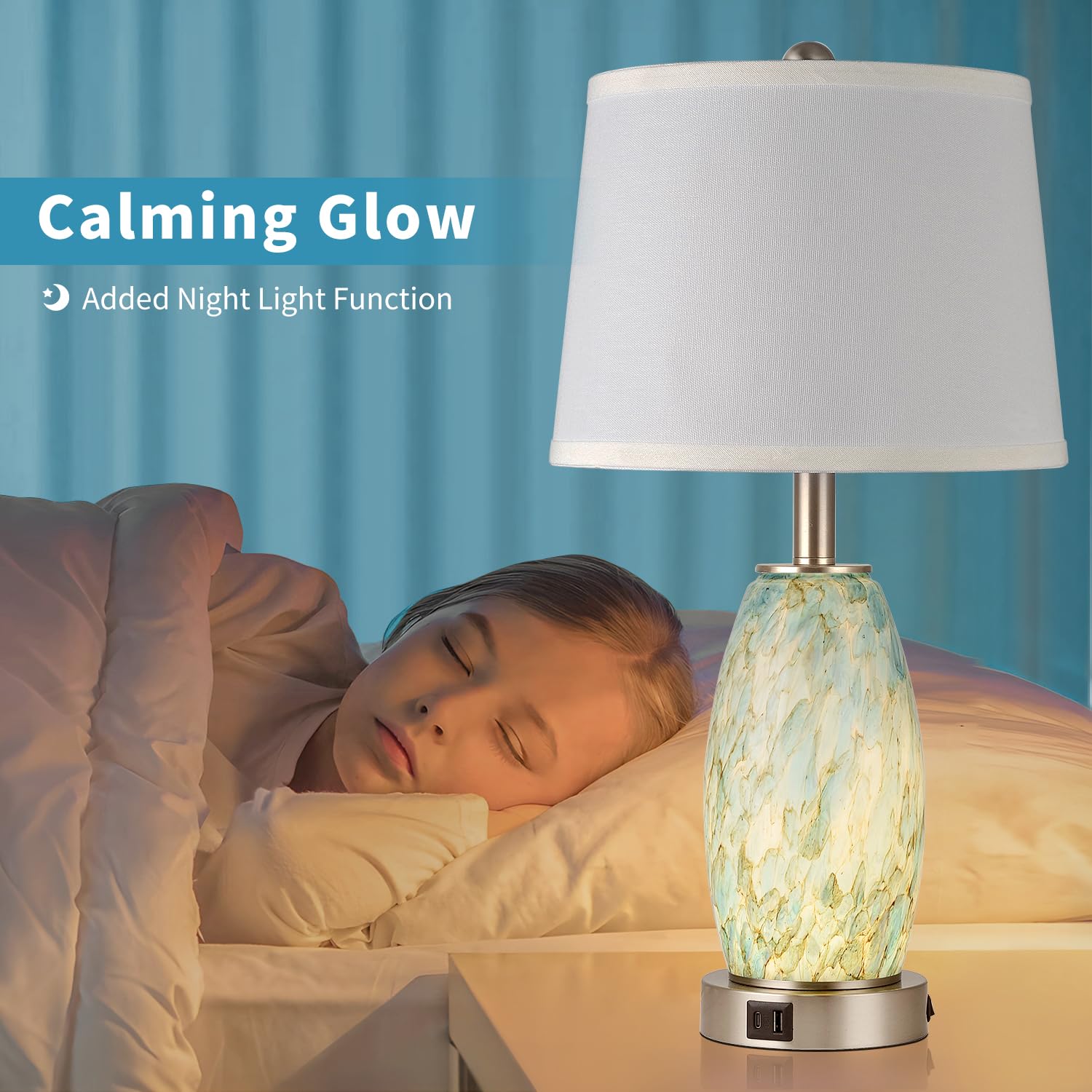 Table Lamp, 3-Way Lighting Modes Modern Table Lamp For Bedroom, Coastal Bedside Lamp With Usb Charging Port & Type C, Glass Nigh