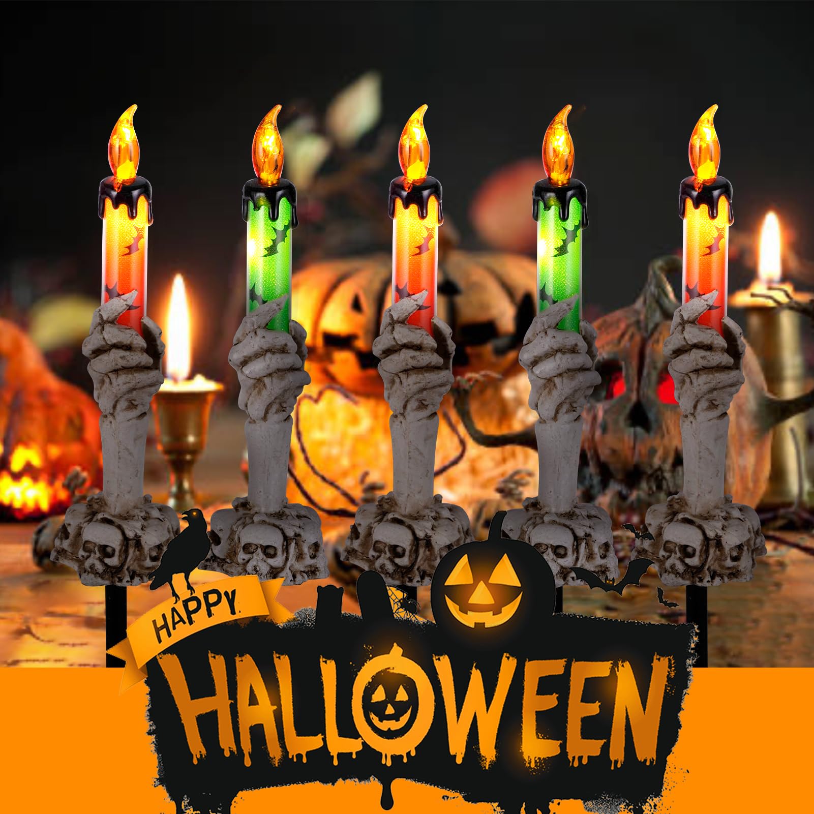 BRIGHTDECK Lighted Skeleton Hands Candle Lamp - 5 Pack, Warm White, Solar Waterproof Yard Stakes for Halloween Decorations