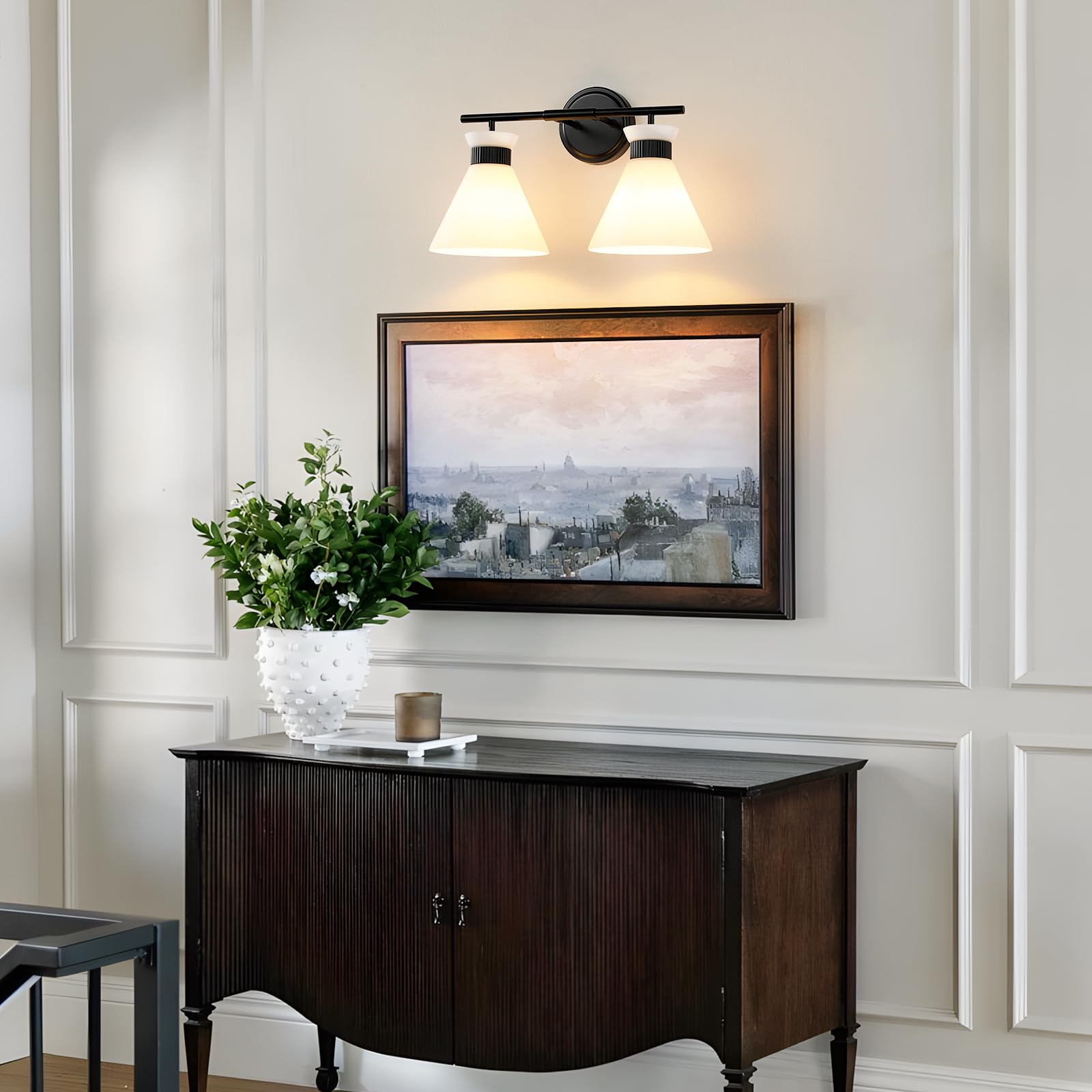 Black Bathroom Vanity Light Fixtures: Bathroom Lighting Fixtures Over Mirror 17.3 Inch With Milky White Frosted Glass, 2-Lights