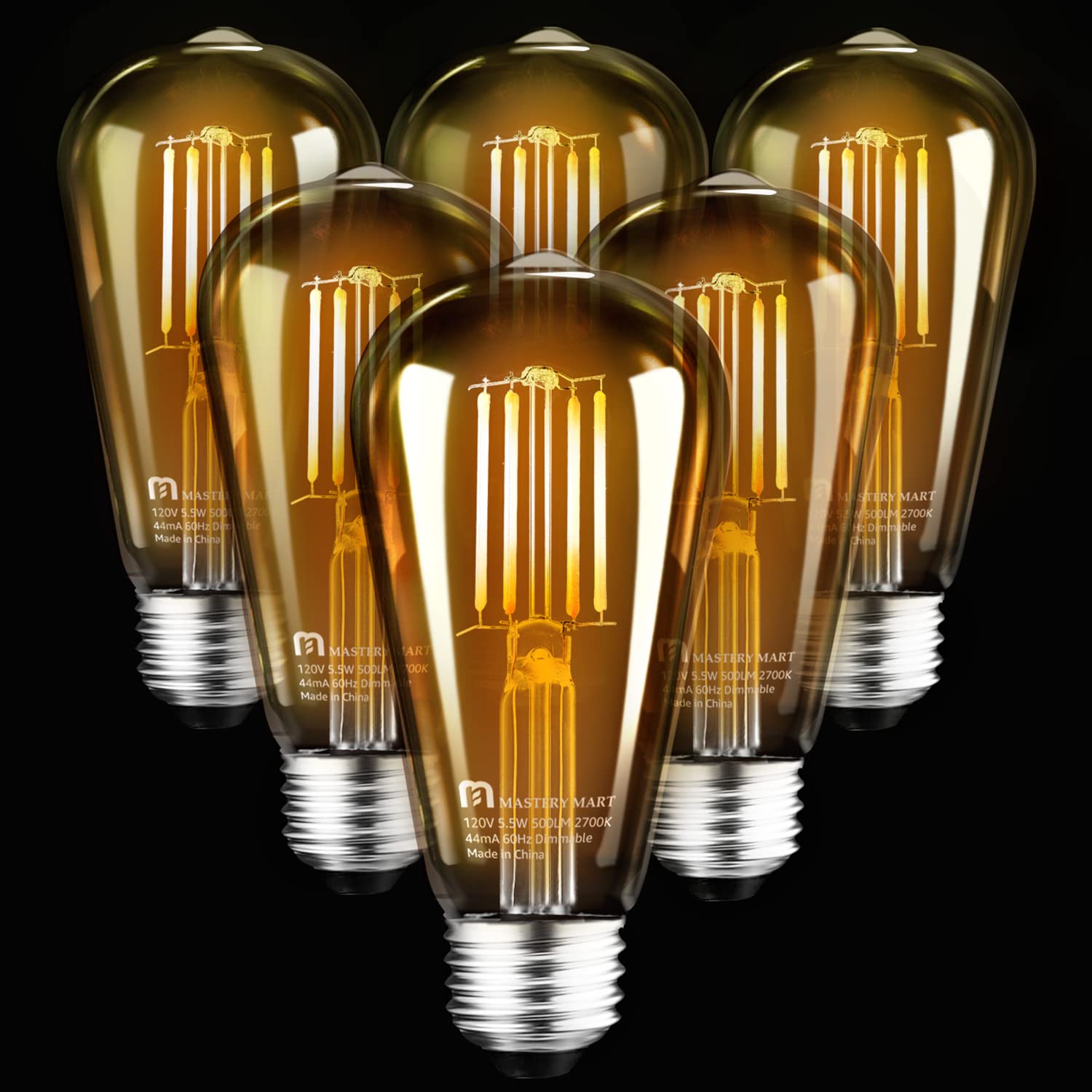 MASTERY MART Dimmable Vintage E26 LED Light Bulb, 5.5W, Glass ST21, 2200K Warm White, 6 Count, Model MM-ST19