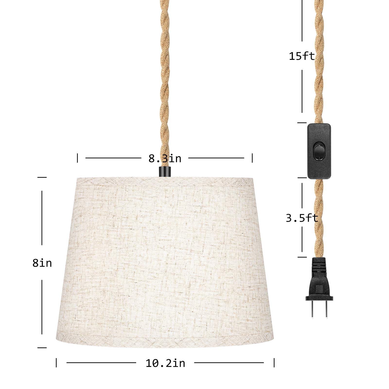 Hanging Lights with Plug in Cord, 15Ft Pendant Lamp Lights Cord Linen Shade, Industrial DIY Twisted Hemp Rope Chandelier Light F