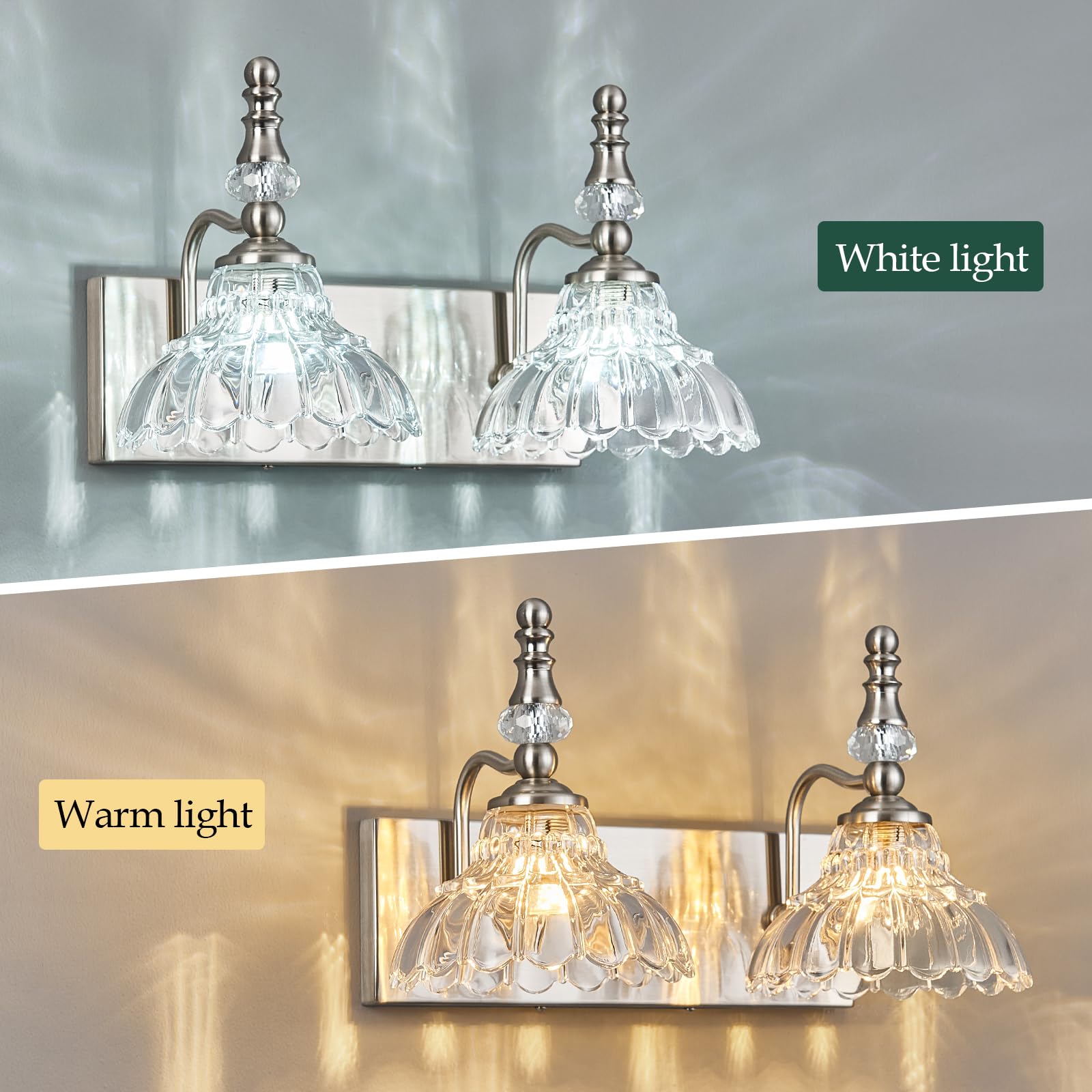 Lbsqj Vintage Bathroom Vanity Light  2-Light Brushed Nickel Vanity Lighting Fixture With Flower Glass Shade  Bathroom Lighting Fixtures Over Mirror