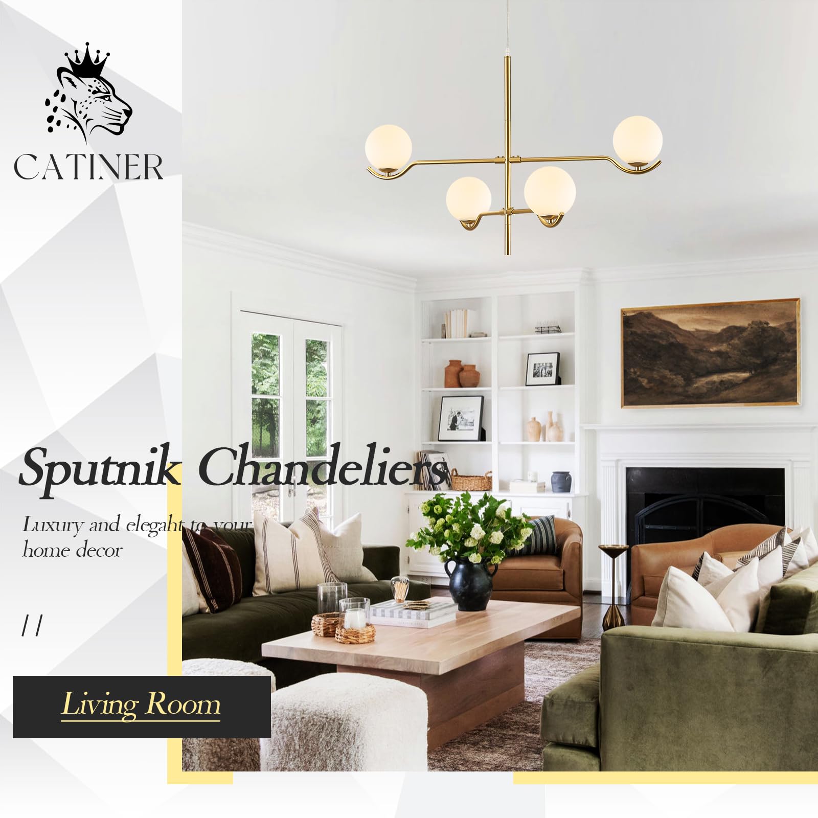 CATINER Modern Gold Sputnik Chandelier, 4 Lights, Milk Glass Globe Shades, L31", Mid Century Ceiling Fixture for Living Room/Foyer/Bedroom