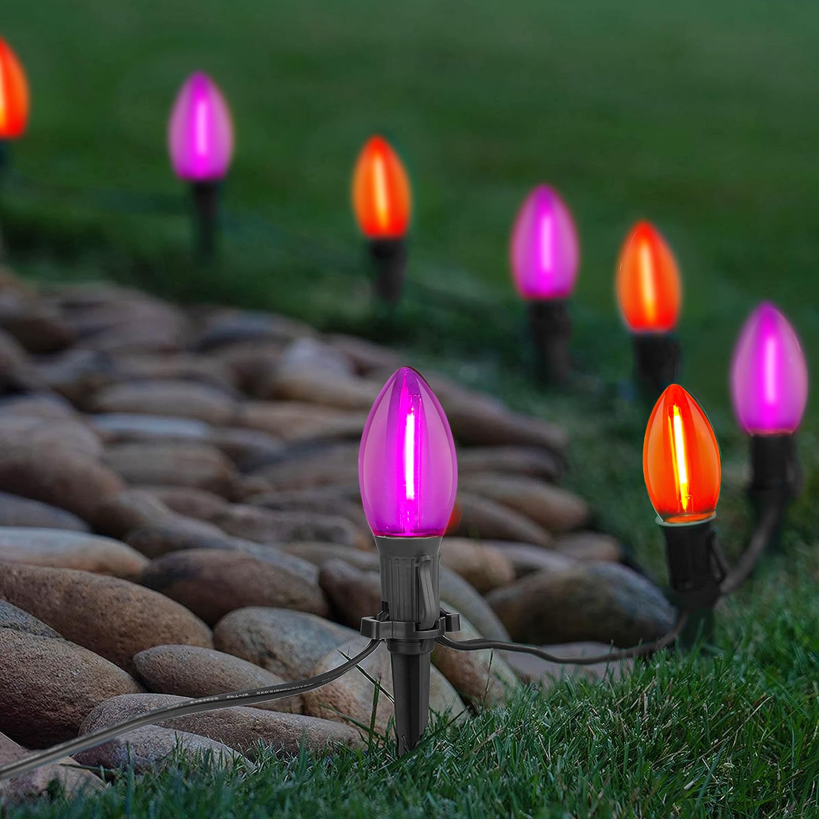 C9 Outdoor Halloween Pathway Lights, 19.5Ft C9 LED Orange Purple Halloween Pathway Marker Lights with 10 Stakes, Halloween Decor