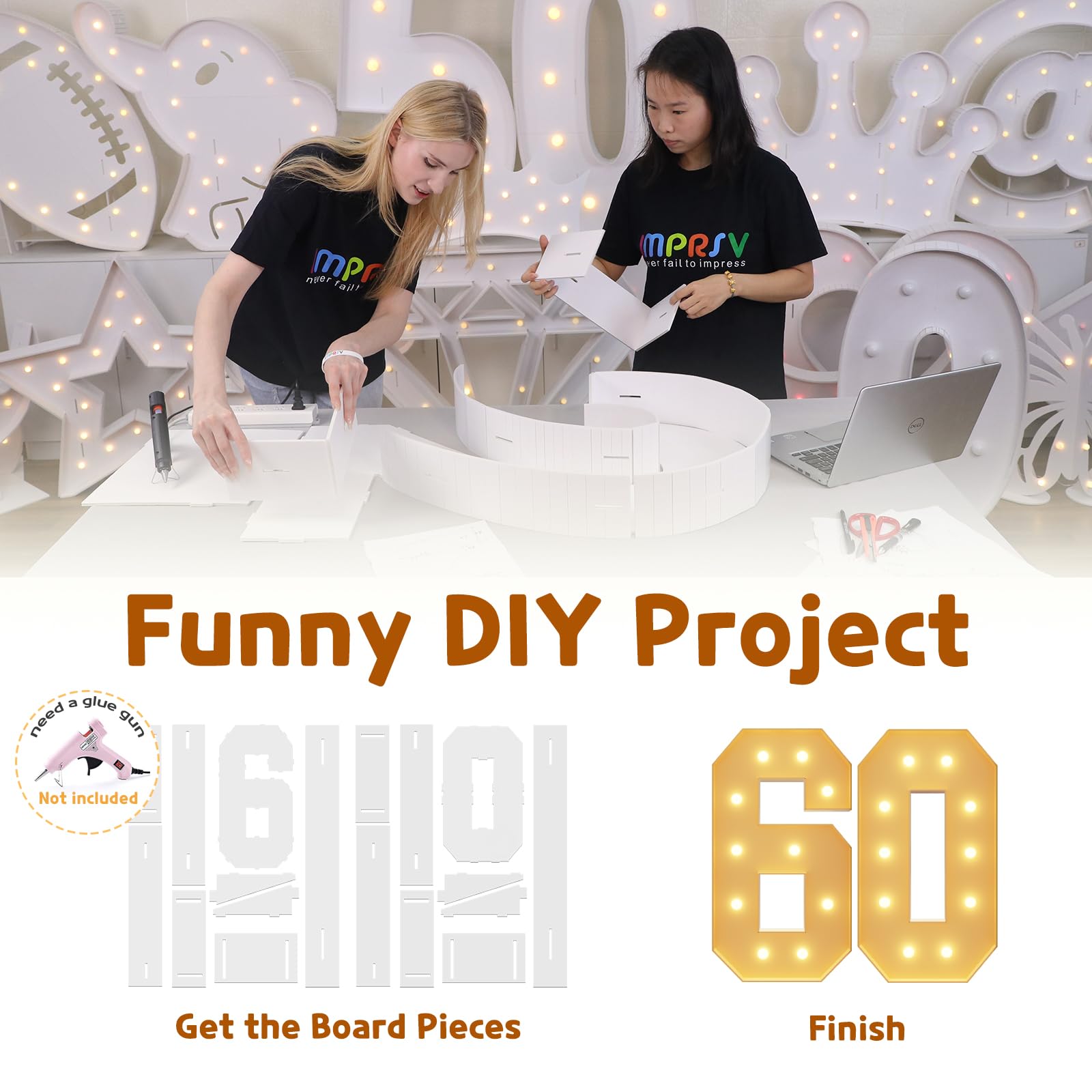 imprsv Light Up Numbers - 60th Birthday Decorations - Foam Board - 4FT Size - Marquee Style