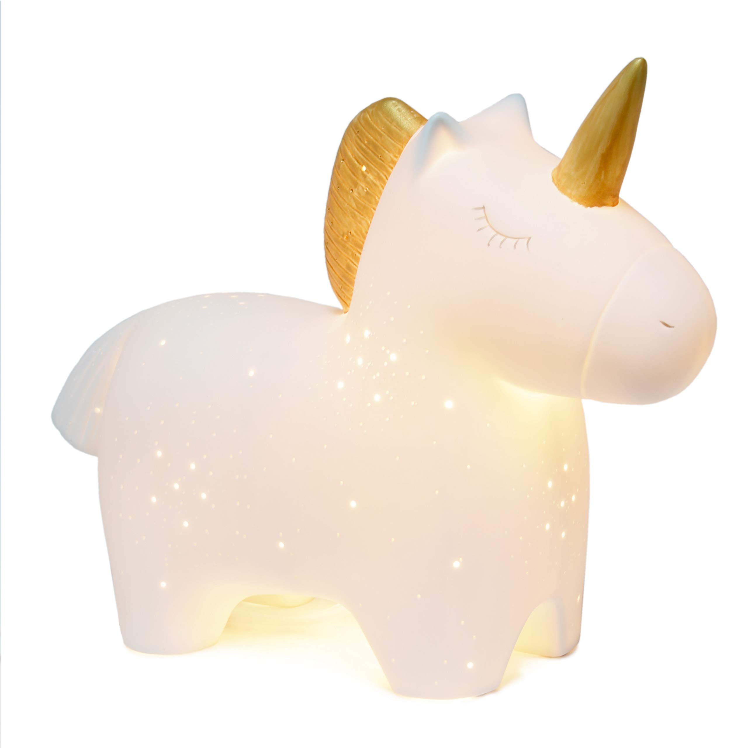 Simple Designs Lt3339-Wht Gold And White Porcelain Fun Shaped Night Light Table Lamp, Unicorn