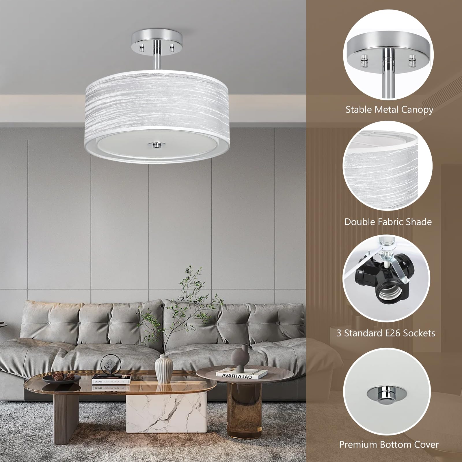 Ceiling Light, 3-Light Ceiling Light Fixture, Semi Flush Mount Ceiling Light, Light Fixtures Ceiling Mount With Double Fabric Shade, Bedroom Lights For Ceiling,Gray Ceiling Light Fixtures For Bedroom