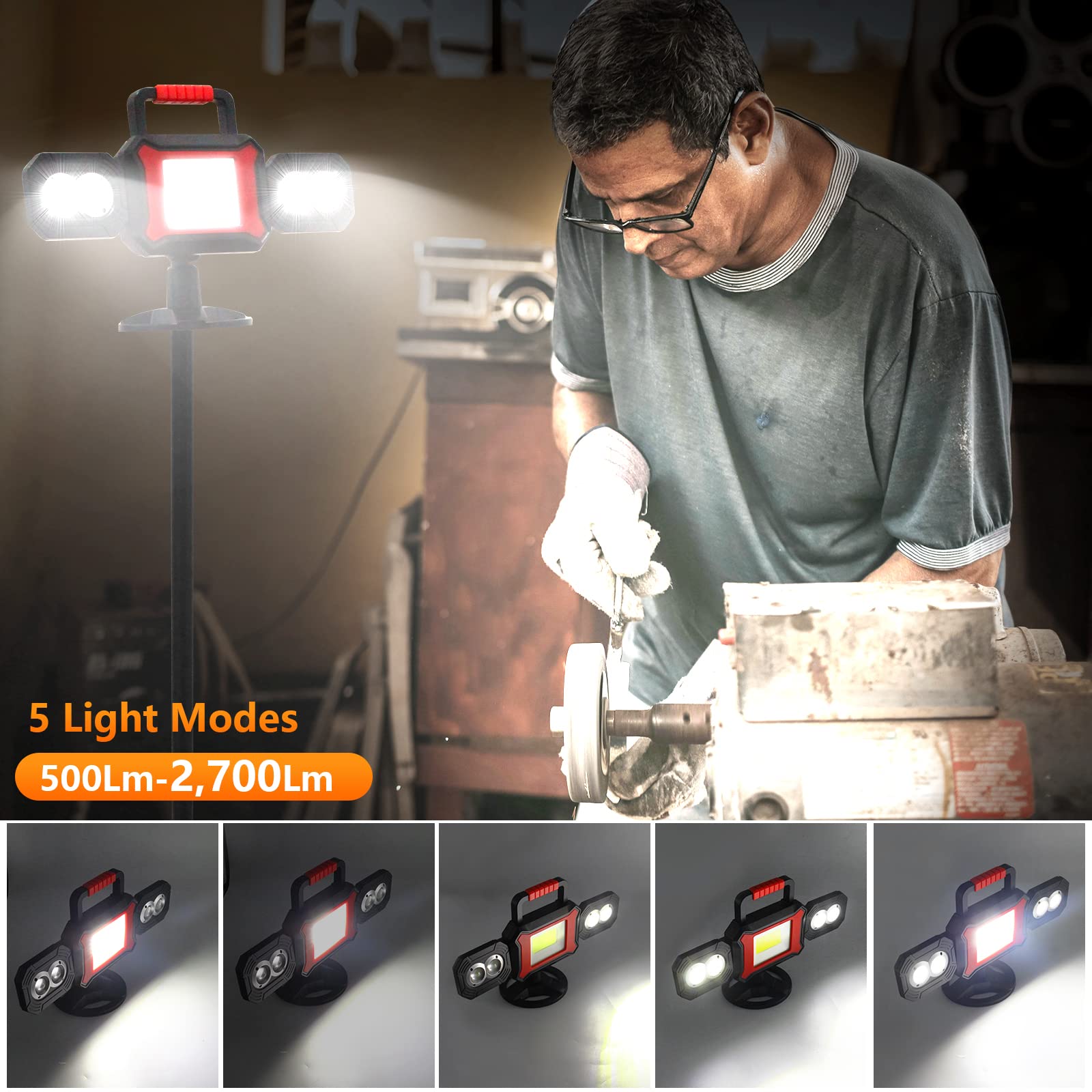 Sylstar Rechargeable Work Light, 25W 2700Lm Cob Led Magnetic Work Light With Battery, Rotatable Portable Waterproof Cordless Job