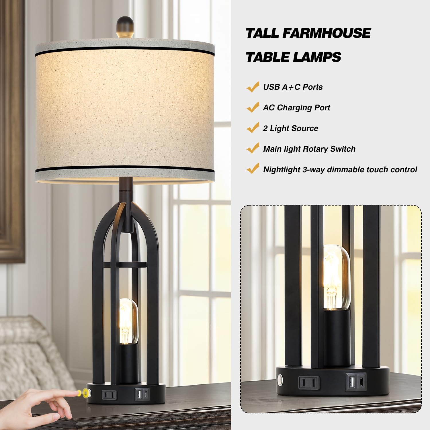Cinyirong 27'' Farmhouse Table Lamps Set Of 2 With Usb A+C Charging Ports,3-Way Dimmable Touch Control Bedside Lamps With Nightl
