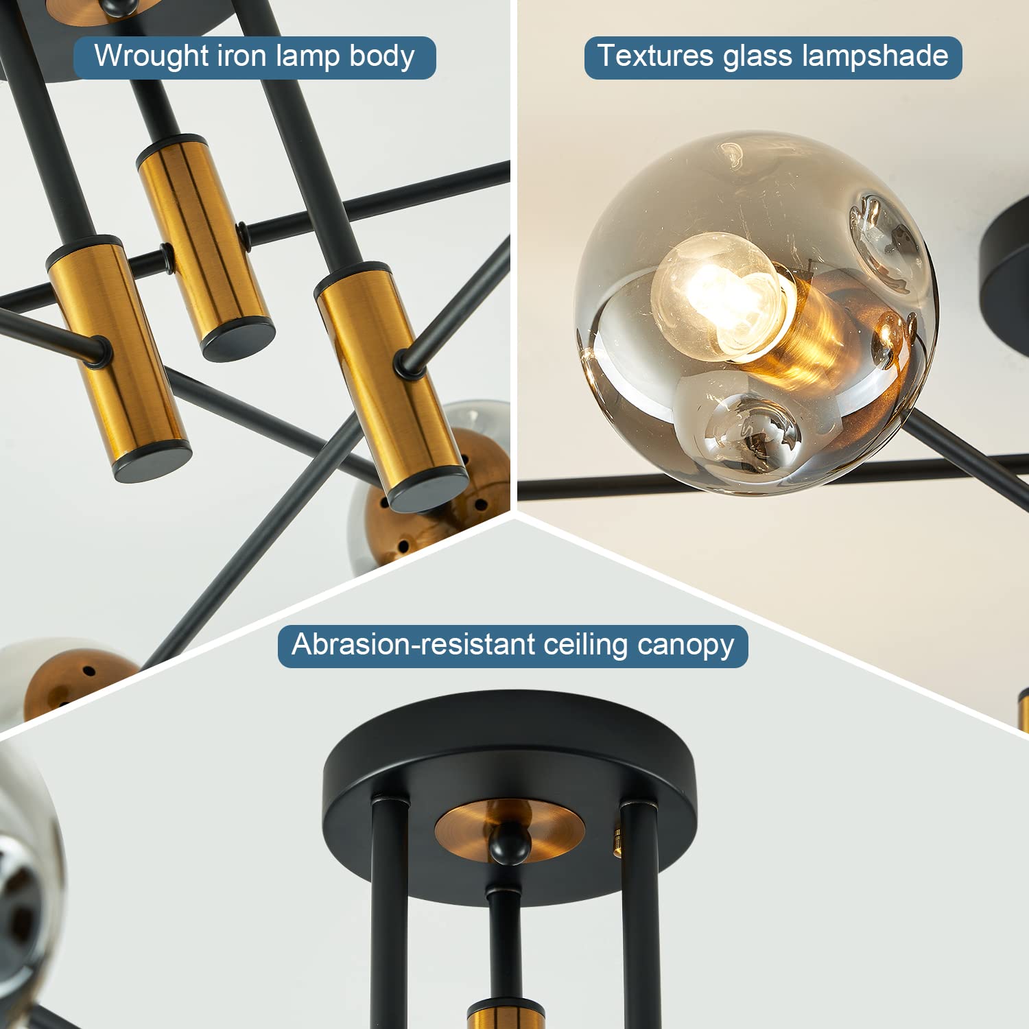 DDLLDESHI 6-Light Glass Globe Sputnik Chandelier - Modern Matte Black & Gold - Vintage Ceiling Light for Living Room, Kitchen, Bedroom