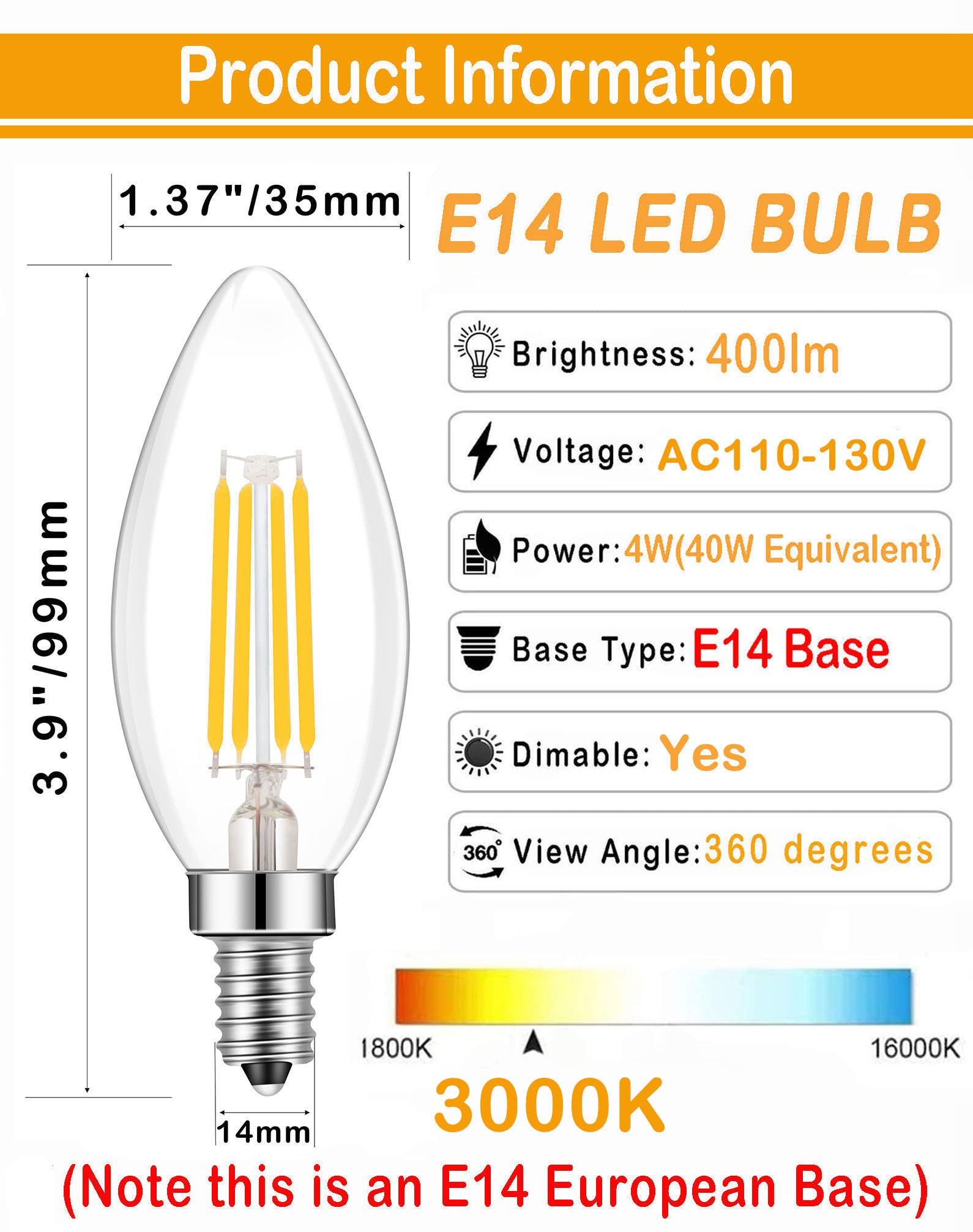 Lamsky E14 Led Bulb Dimmable,110V 400Lm 40W Equivalent Warm White 3000K,E14 European Base Candelabra Bulbs,C35 Clear Vintage Tor