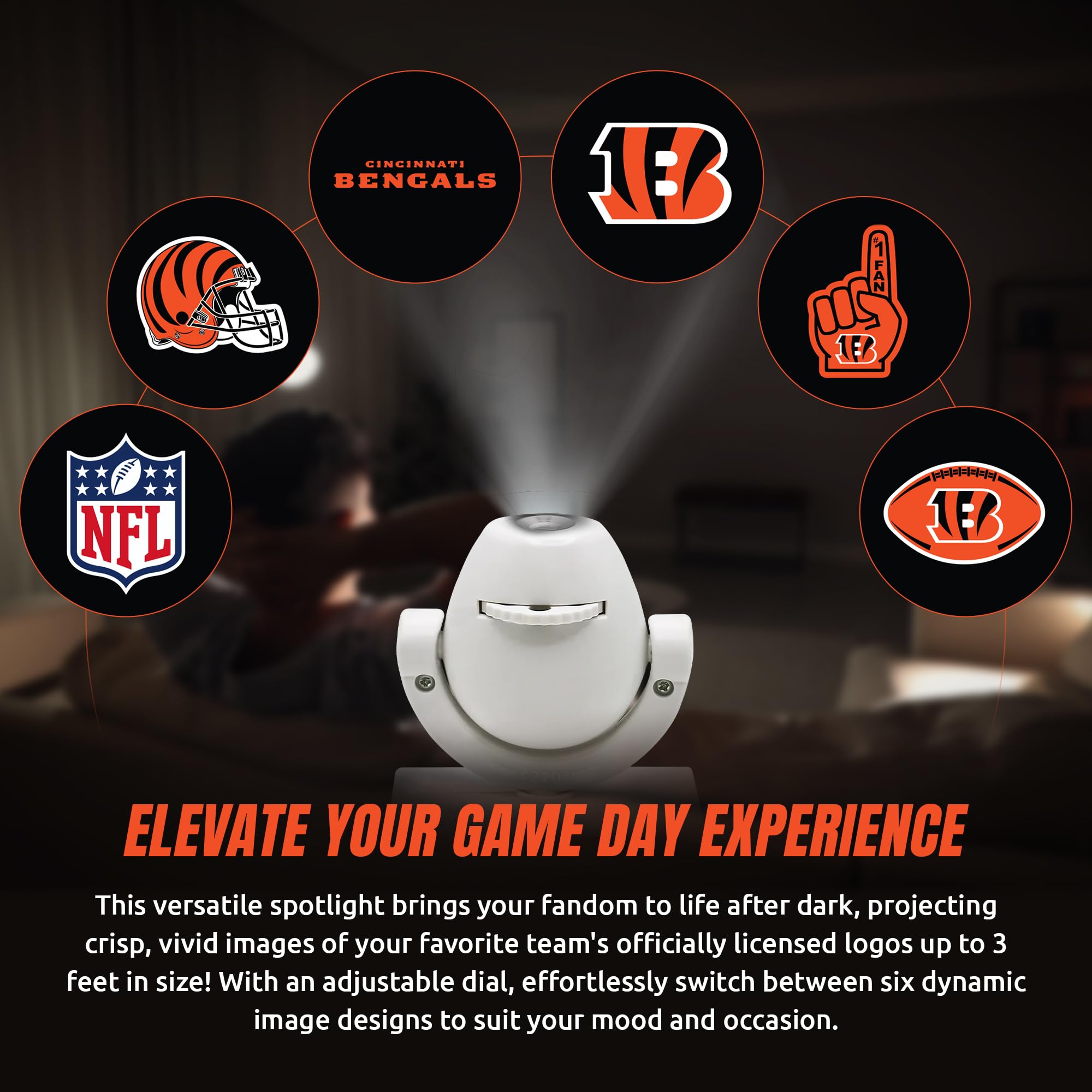 Sporticulture Nfl Cincinnati Bengals Adjustable Led Mini Spotlight Projector - Portable & Rechargeable