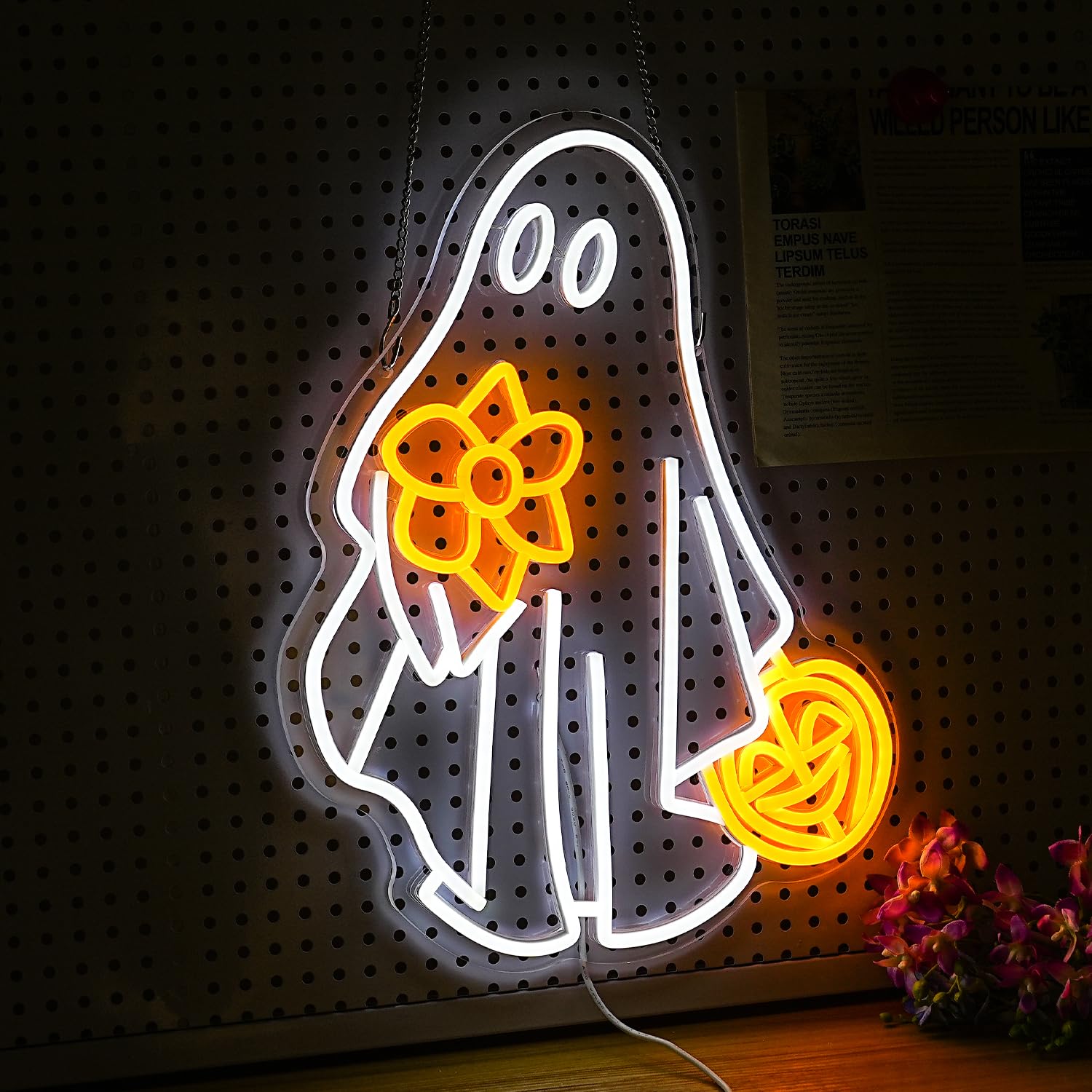 GNVETZLL Ghost Neon Sign - Dimmable USB Powered Pumpkin LED Light - Halloween Decor - Yellow White