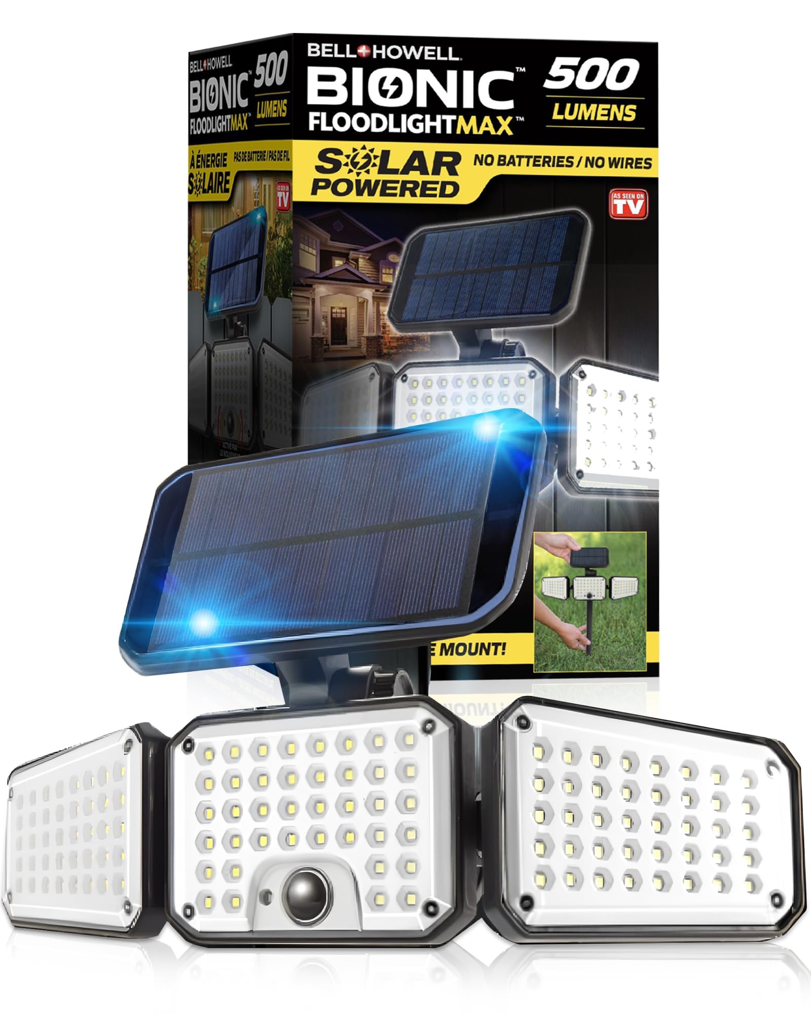 Bell+Howell Bionic Flood Light AS SEEN ON TV, 500 Lumen Deluxe Version Bionic Floodlight, LED Solar Flood Lights Outdoor Motion