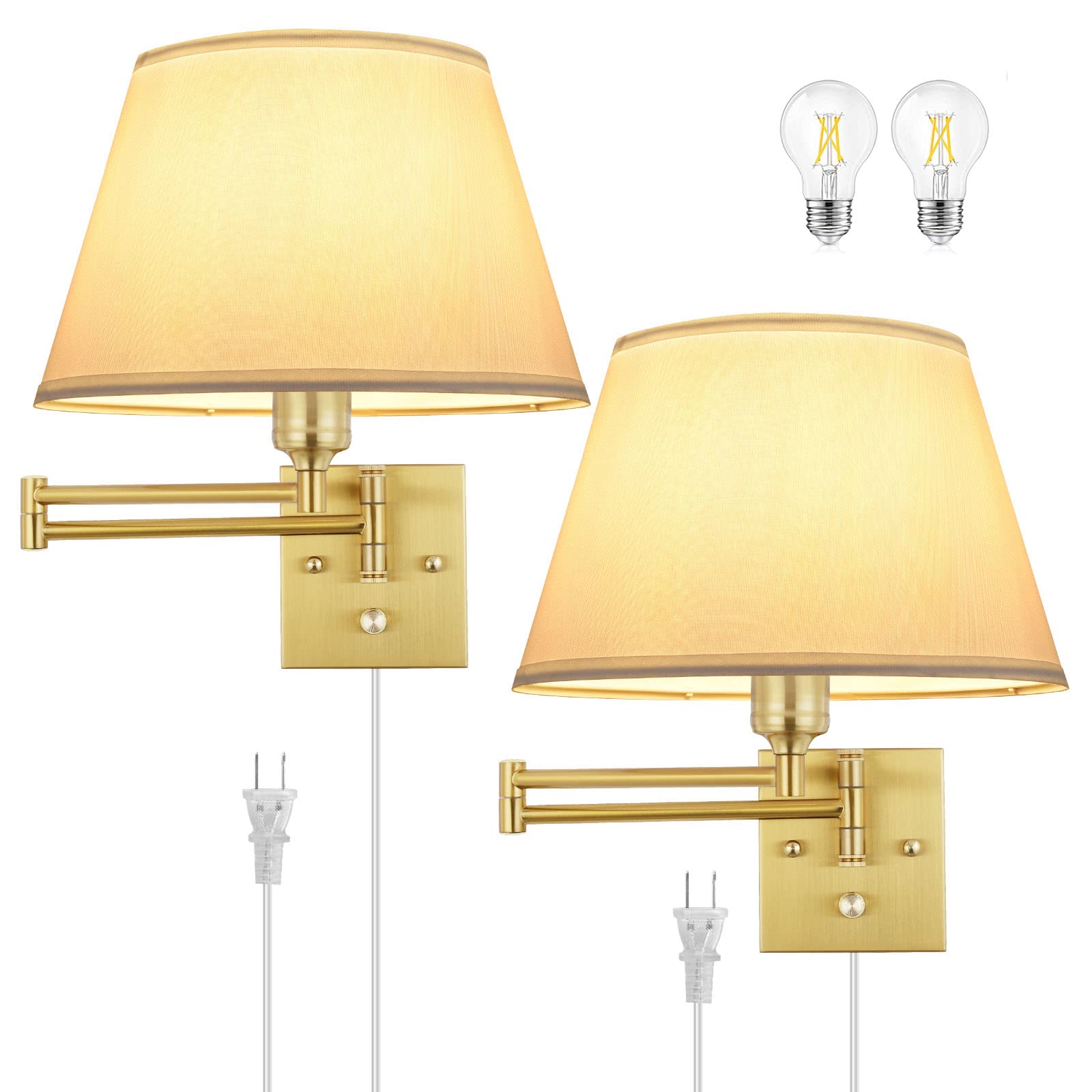 Trlife Dimmable Wall Sconce Plug In, Brushed Brass Wall Sconces Set Of 2 Swing Arm Wall Lights With Plug In Cord And Dimmer On/O