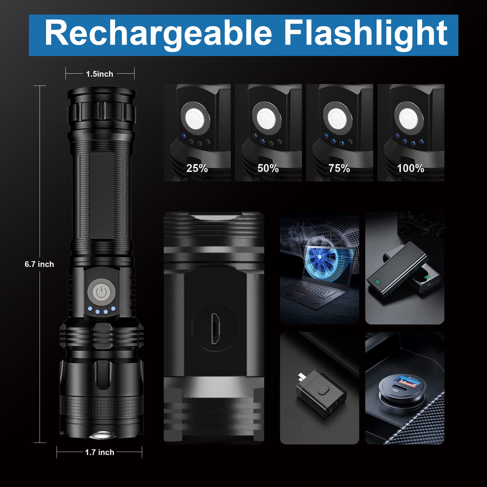 MILAOSHU Rechargeable Flashlights 90,000 Lumens - 2 Pack, LED, 5 Modes, Waterproof, Black, Model P50