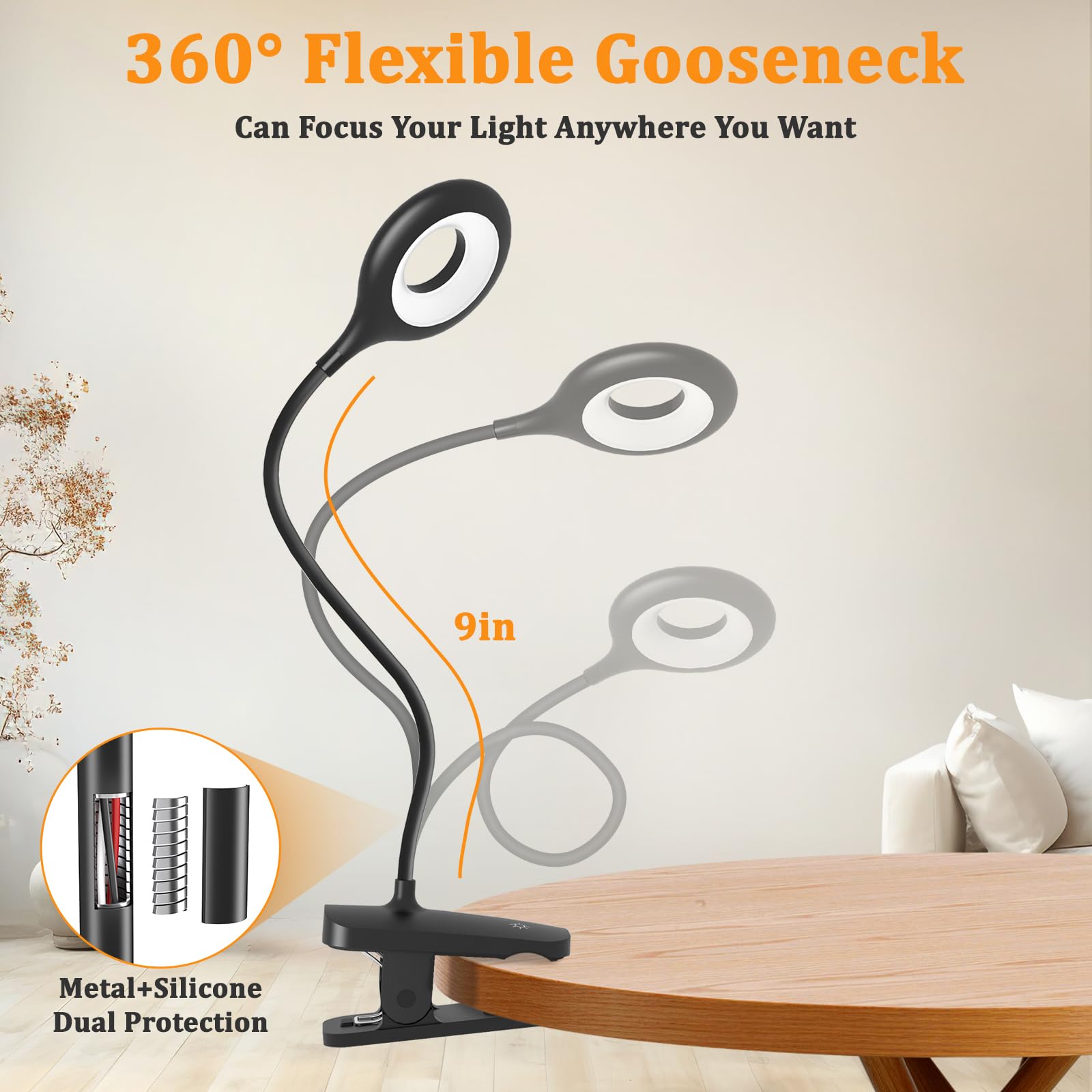 Hecdstly 2 Pack Clip On Reading Light For Bed Headboard, Battery Rechargeable Large Clamp Bed Lamp - 5 Colors 5 Brightness, Flex