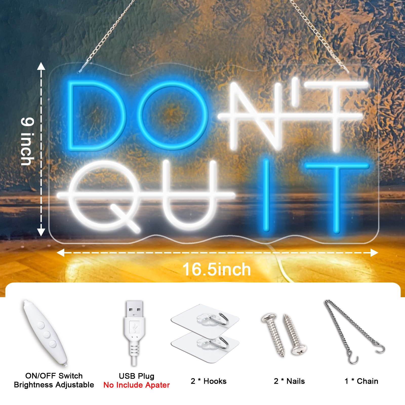 KENFARI Neon Sign, Dont Quit, LED Light for Office, Yoga, Gym, Man Cave, Powered by USB, Blue & White, Model DOIT001