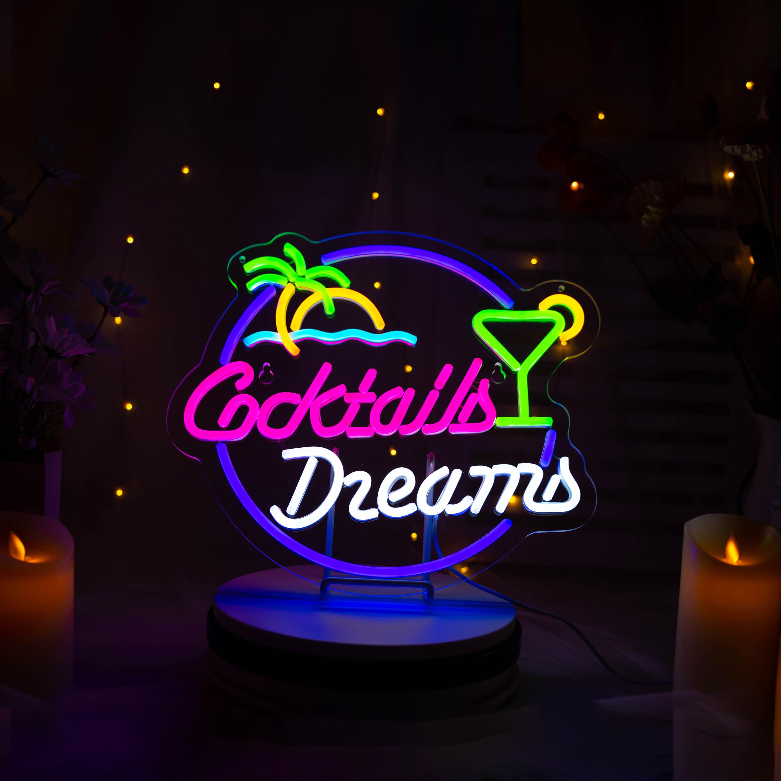 Roouneon Neon Sign Cocktails And Dreams Wall Decor Light For Bedroom Bar Art, Dimmable Led
