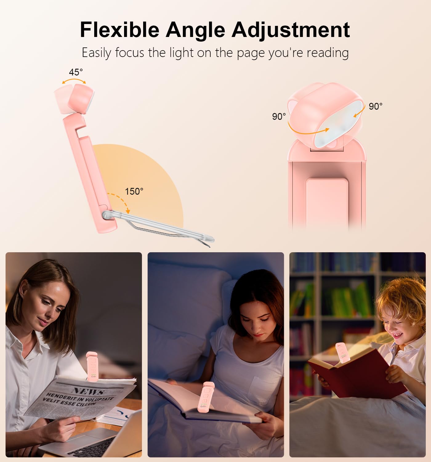 Gritin Rechargeable Book Light - Eye Caring, 3 Color Temperatures, 5-Level Dimmable, Clip-On, Compact, Pink, Model G1313