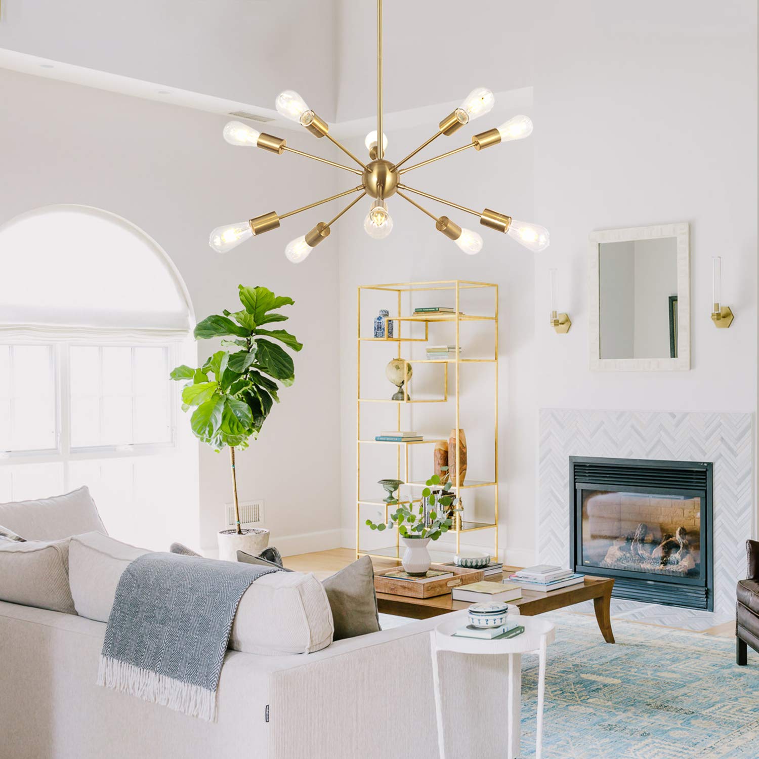 BONLICHT Sputnik Chandelier 10 Light Brushed Brass Metal Pendant Lighting UL Listed