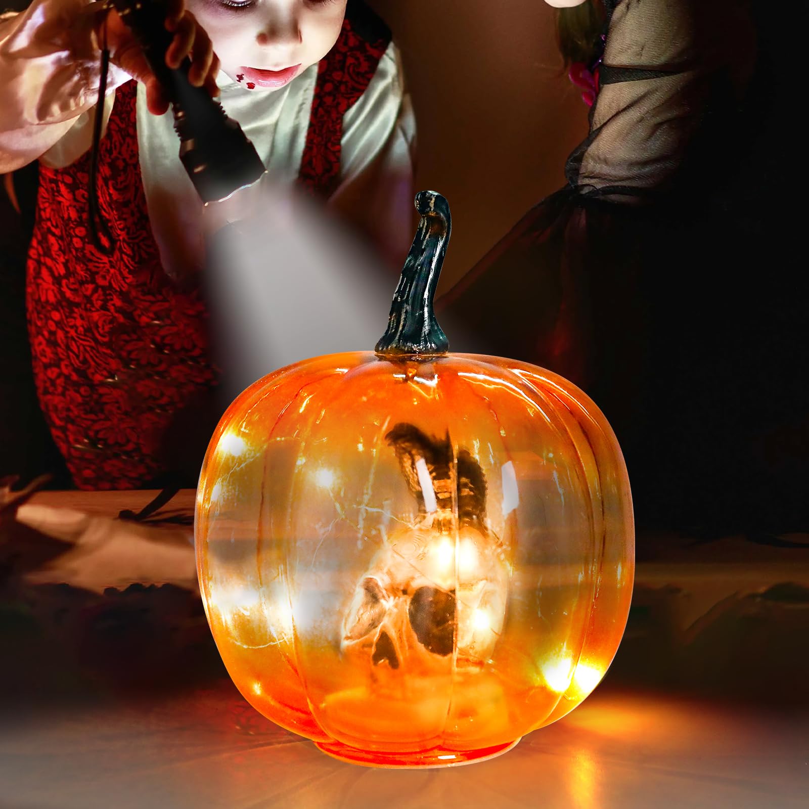 Afirst Halloween Decorations Indoor Lighted Halloween Fall Pumpkins Illuminated Glass Pumpkin With Skull Crow For Thanksgiving Fireplace Tabletop Party Home Bedroom Decor Gift