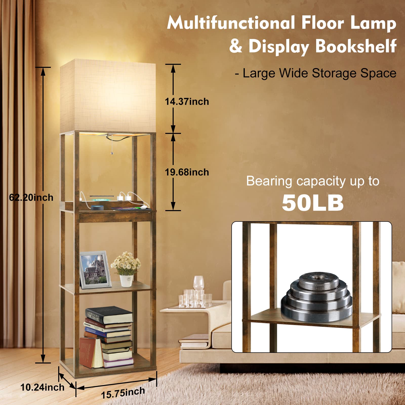 Runtop Floor Lamp With Shelves, Plus Shelf Lamp With Wireless Charger, 2 Usb Port And Outlet, 1 Drawer, 15W Led Bulb, 3 Colors,