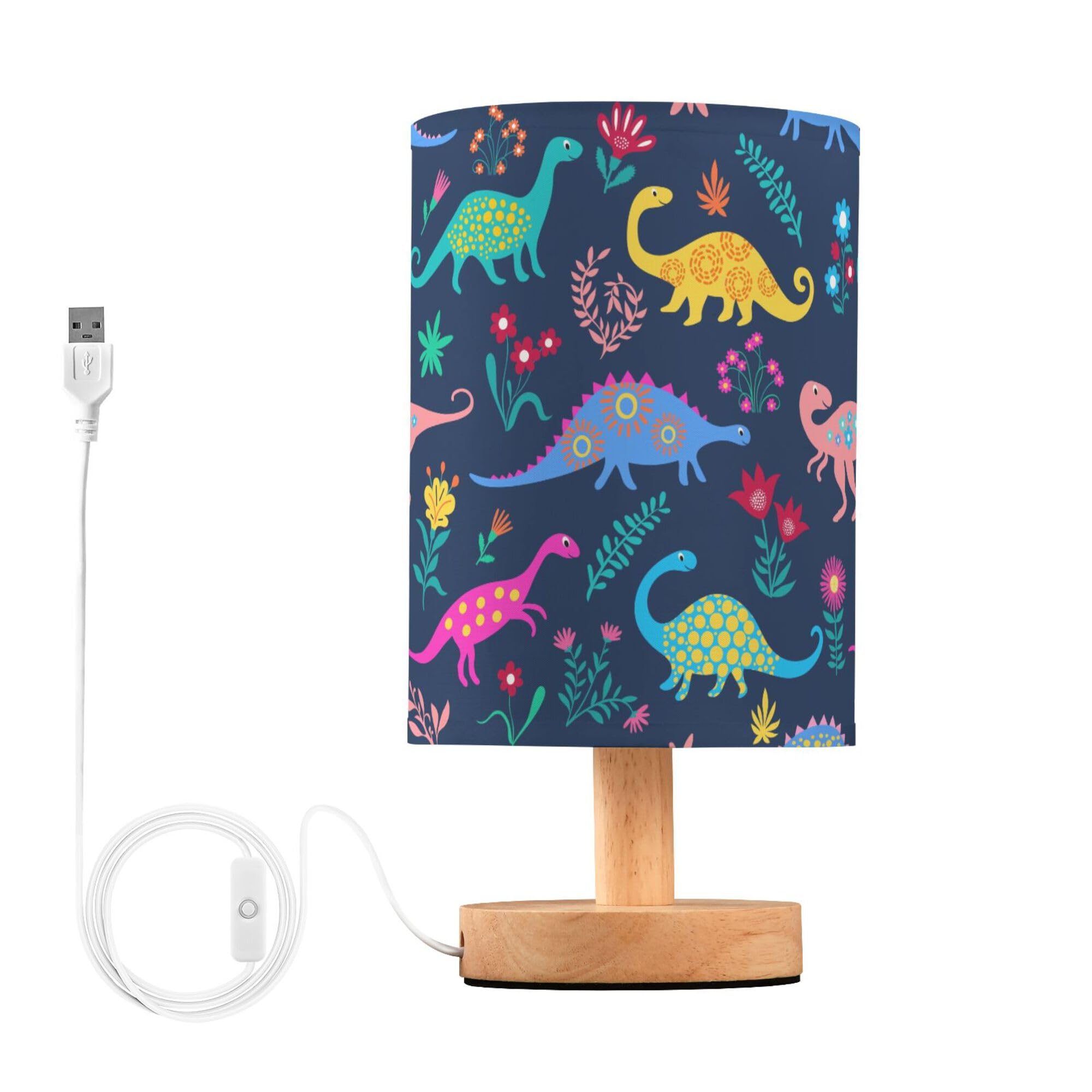 Yyzzh Table Lamp Dinosaur Floral Pattern Nightstand Lamp With Wood Base Fabric Lamp Shade Bedside Desk Lamp For Living Room Bedroom Kids Room Office