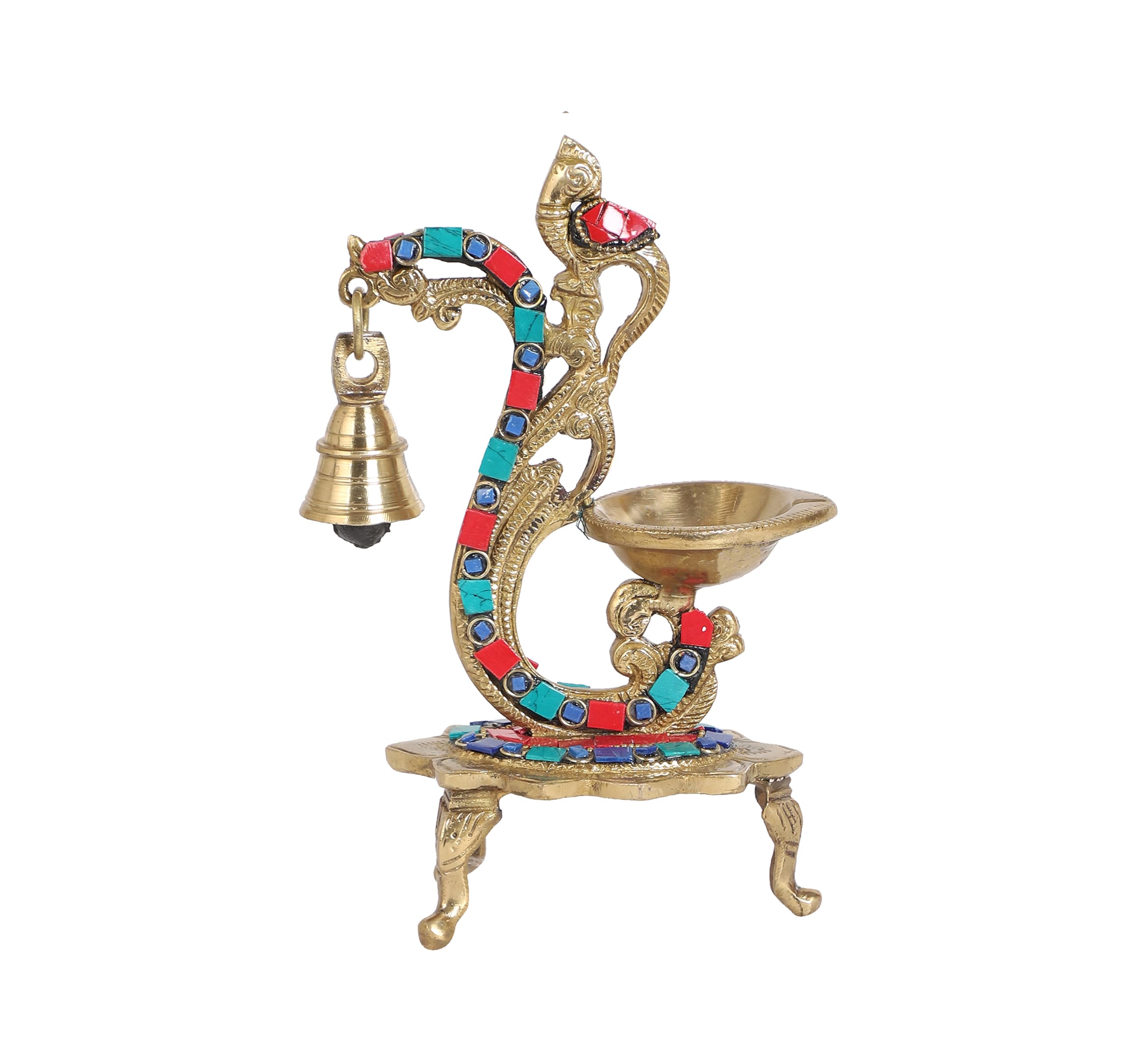Two Moustaches Brass Diya with Gemstone Work, 8 Inches, Multicolored, Model TMP/2562S, Ideal for Home and Pooja, Pack of 1