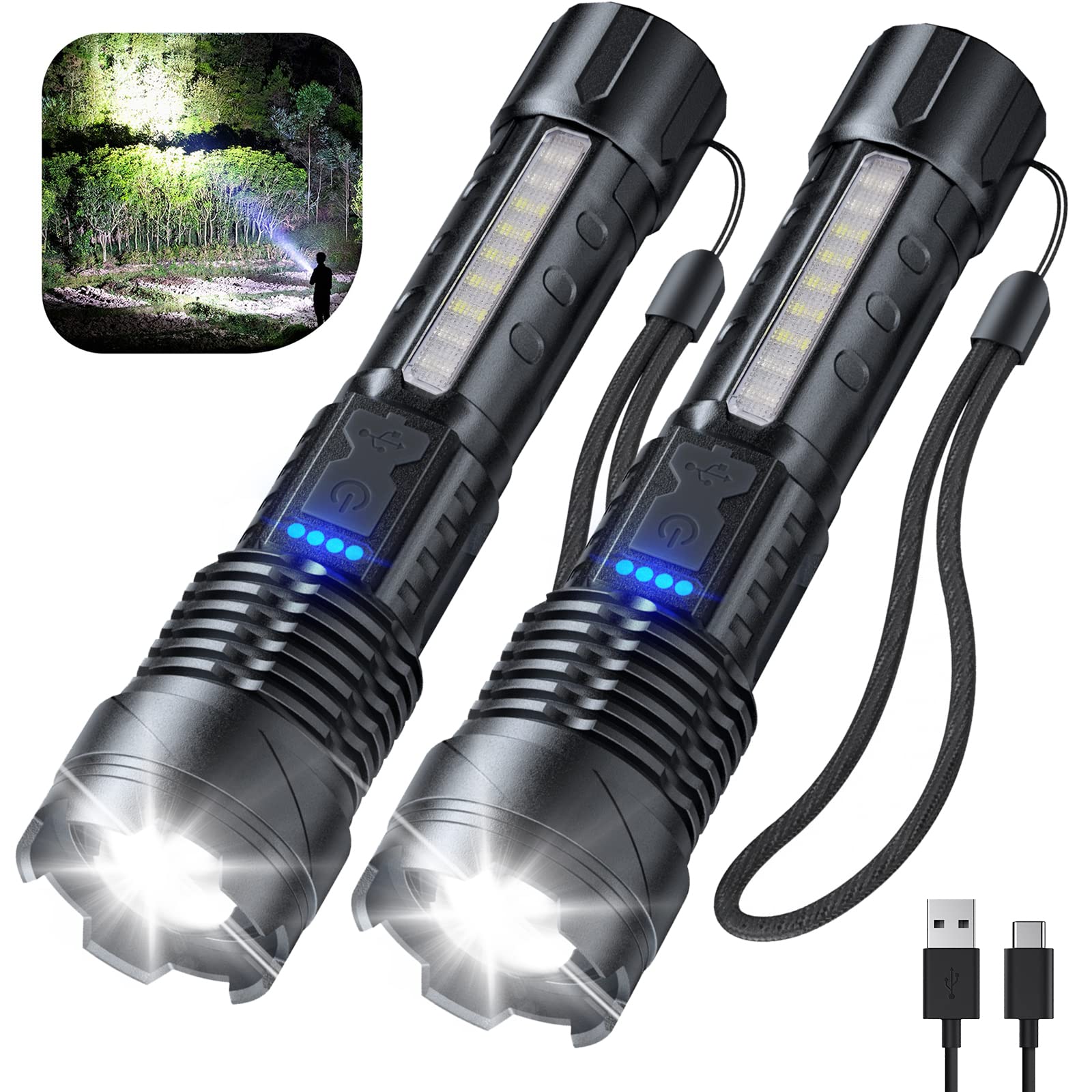 Cinlinso Flashlight 150000 Lumen Rechargeable LED 2 Pack, IPX6 Waterproof, Aluminum, Black, Model P119-cob