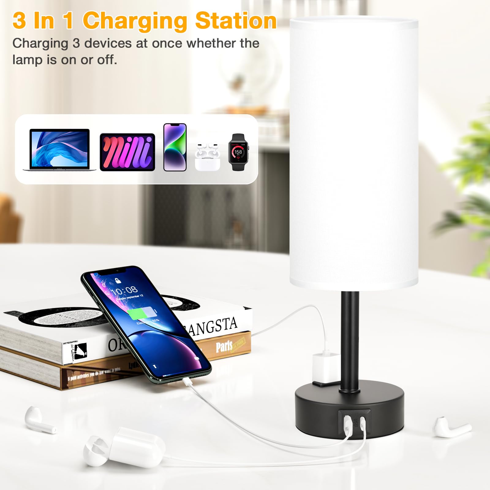 White Bedroom Lamps Set Of 2-3 Way Dimmable Touch Table Lamps With Usb C And A Ports, Bedside Lamps For Nightstand With Ac Outle
